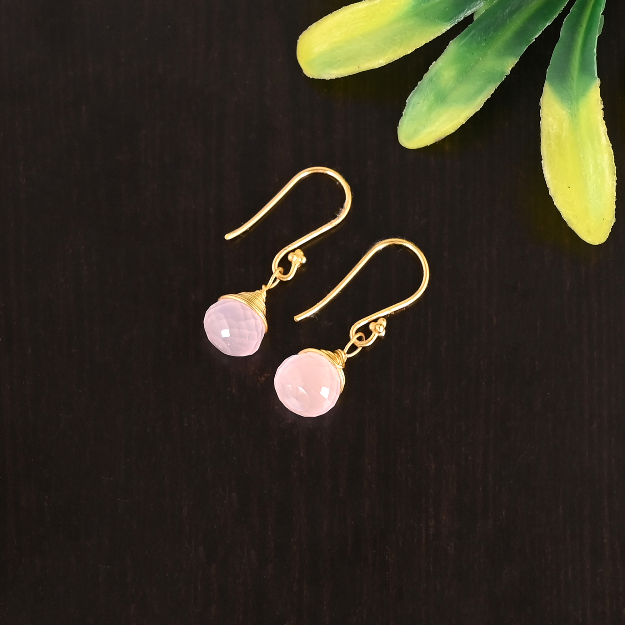 Natural Faceted Rose Quartz Gemstone Wire Wrapped Gold Plated Earring for Womens