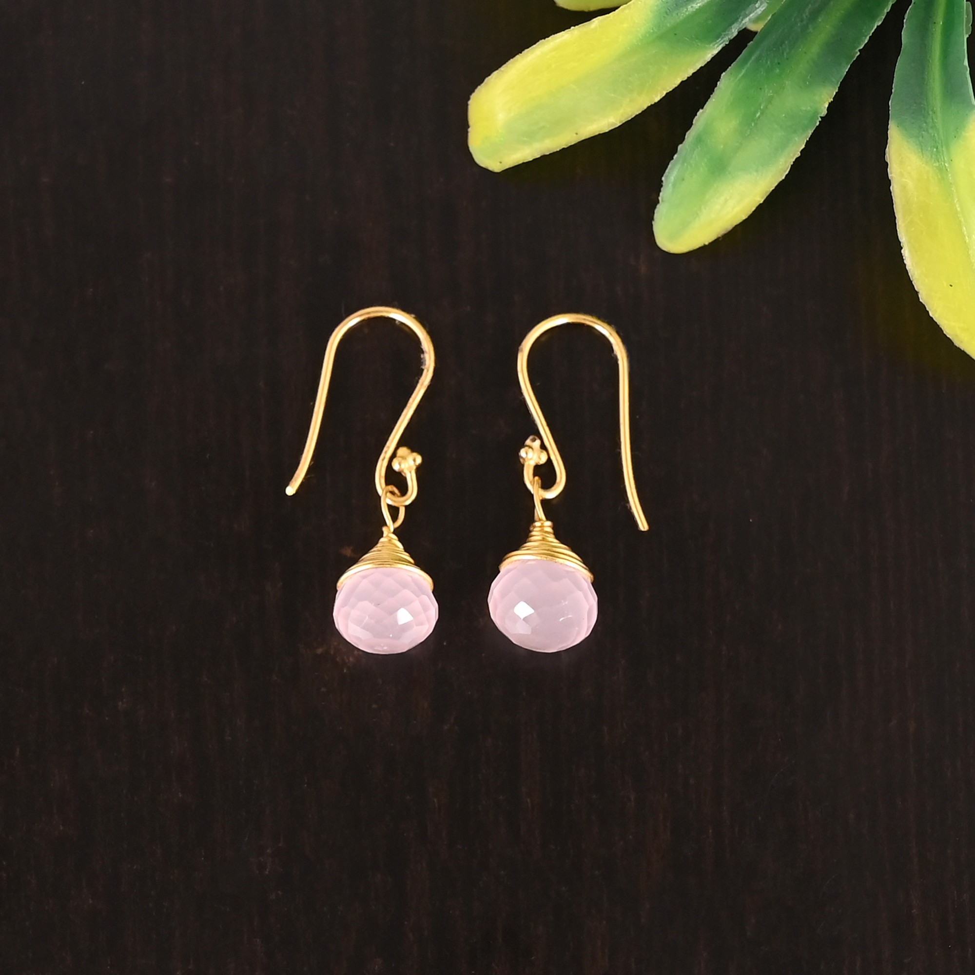 Natural Faceted Rose Quartz Gemstone Wire Wrapped Gold Plated Earring for Womens