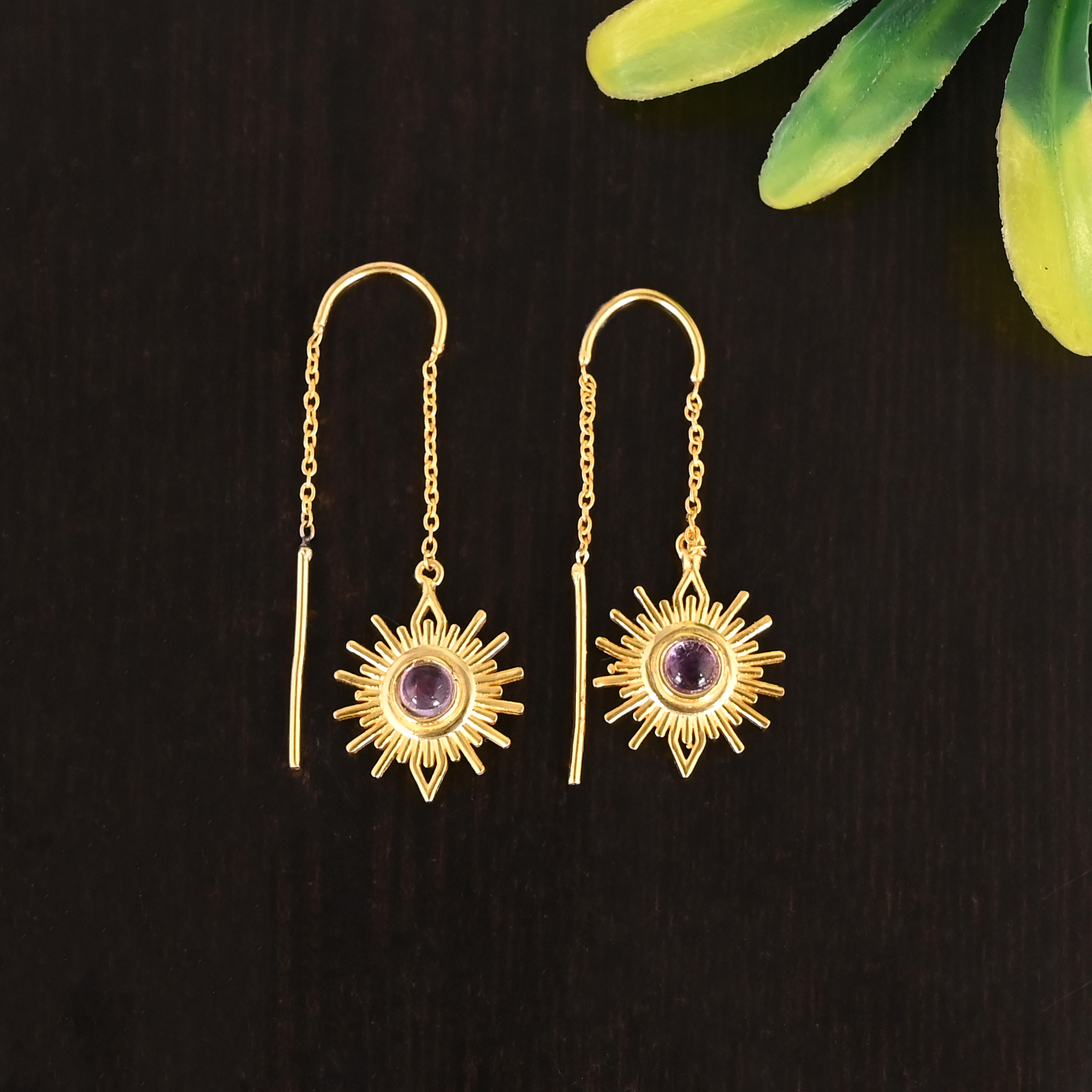 Natural Purple Amethyst Gemstone 925 Sterling Silver Threader Gold Plated Drop Earrings for Women