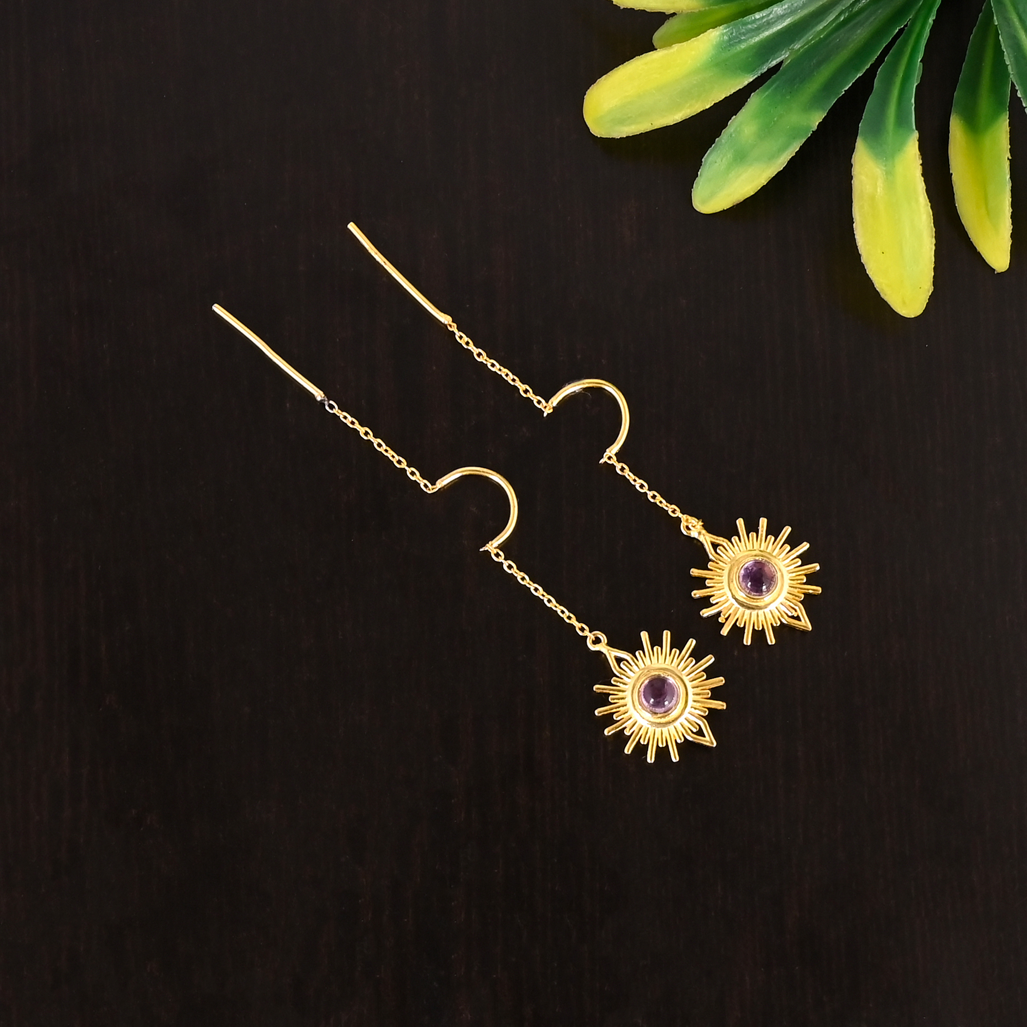 Natural Purple Amethyst Gemstone 925 Sterling Silver Threader Gold Plated Drop Earrings for Women