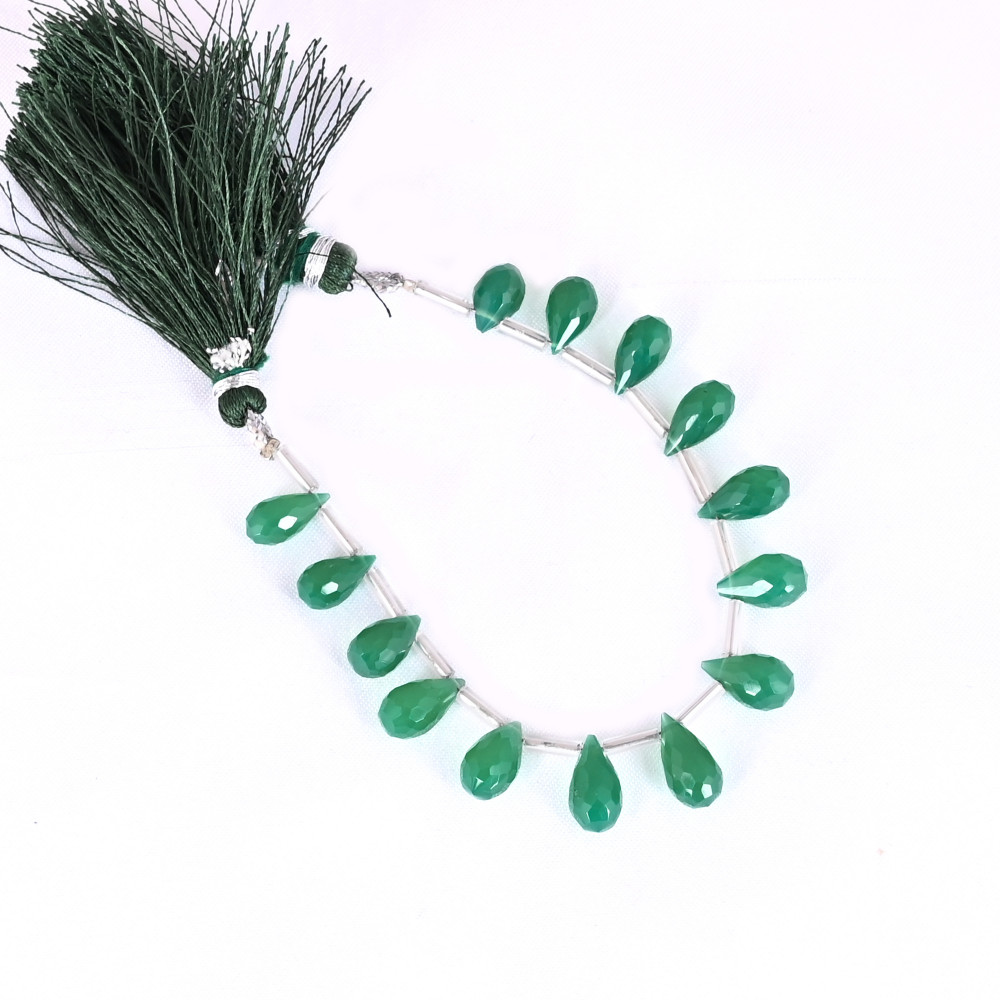 Image of Natural Green Onyx Loose Gemstone 8.1 Gram 10x6 mm Teardrop Briolette Faceted Beads Strand for Jewelry Making | 1 Line Strand