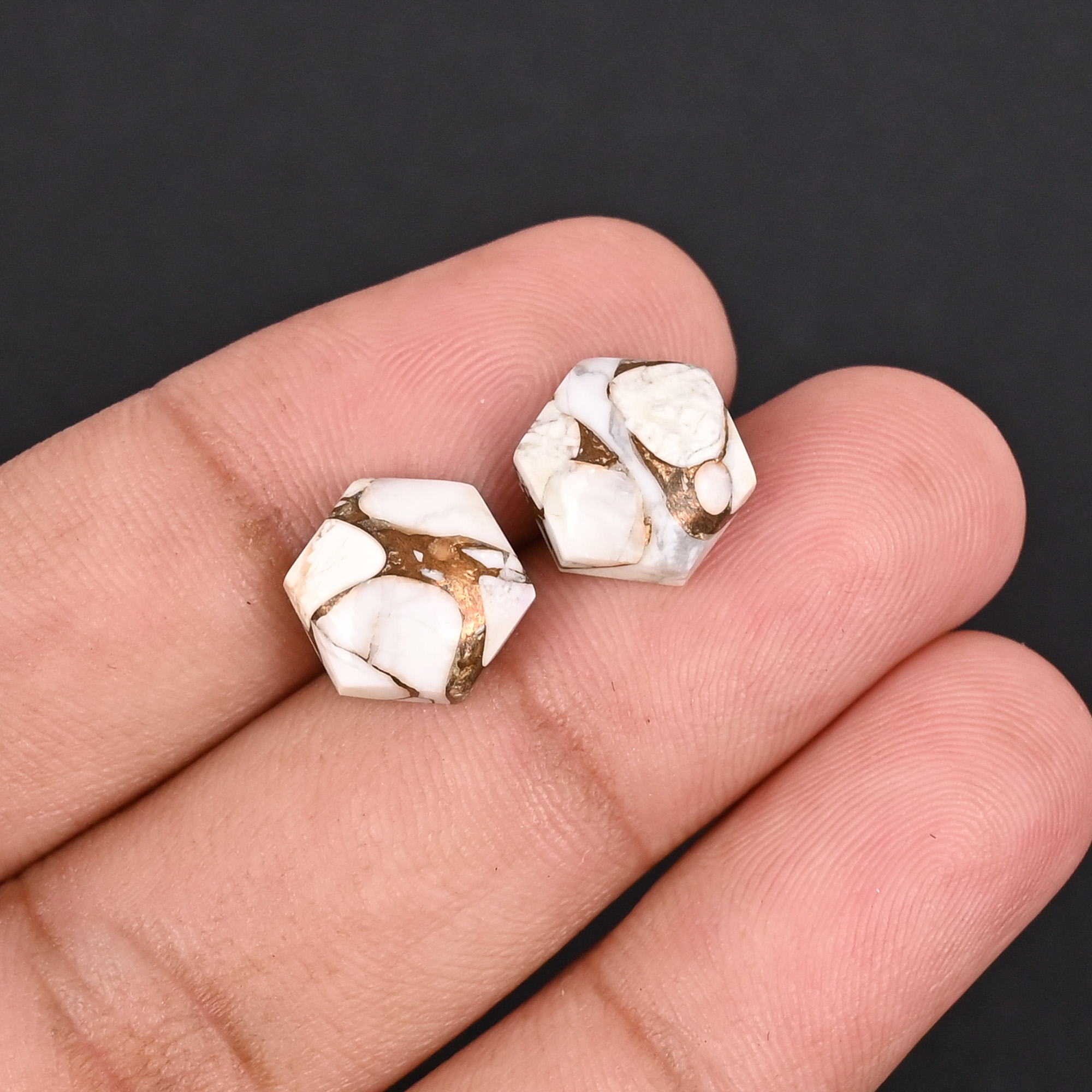 Natural Howlite Mohave Loose Gemstone 102 Carat Hexagon 10x10 mm Flat-back Cabochon for Jewelry Making 1 Pair