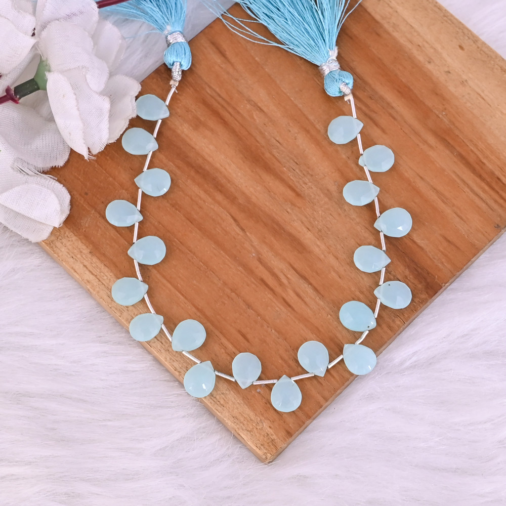 Image of Natural Aqua Chalcedony Loose Gemstone 10.1 Gram 10x8 mm Teardrop Briolette Faceted Beads Strand for Jewelry Making | 1 Line Strand