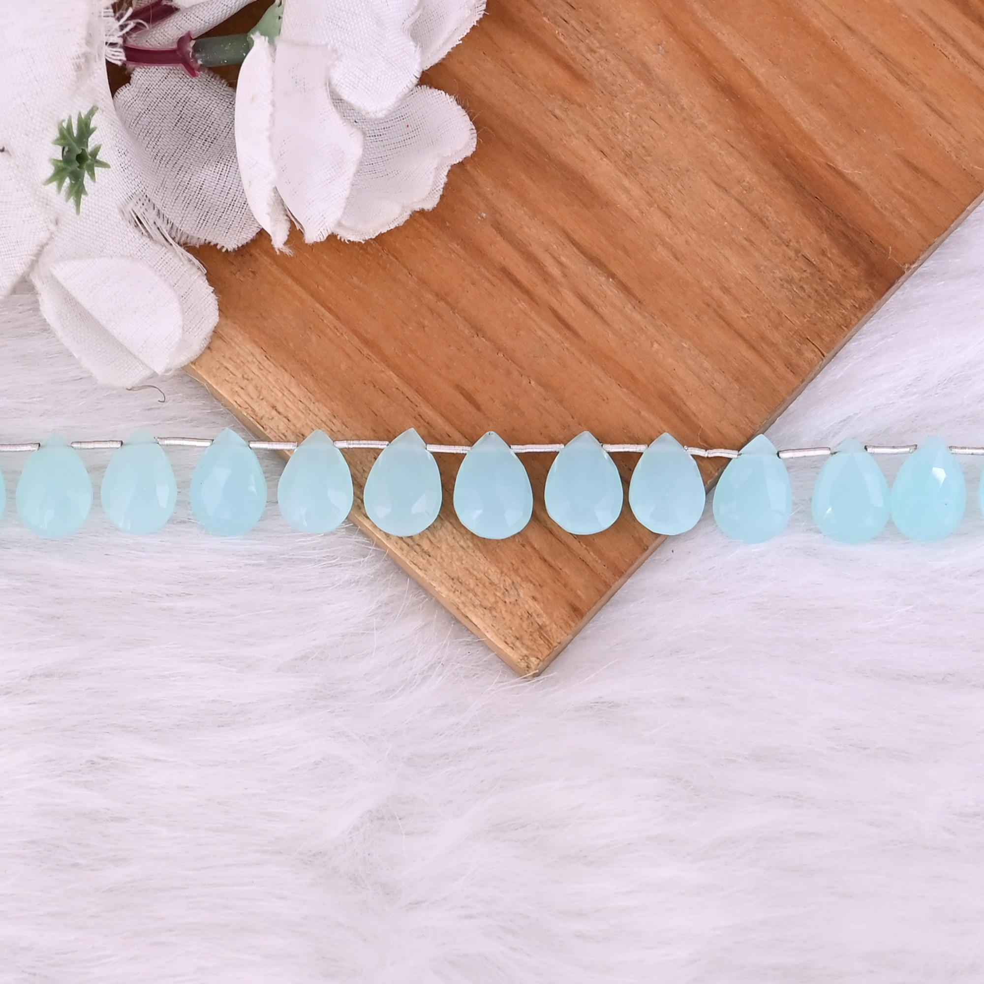 Natural Aqua Chalcedony Loose Gemstone 17 Gram 13x9 mm Teardrop Briolette Faceted Beads Strand for Jewelry Making  1 Line Strand