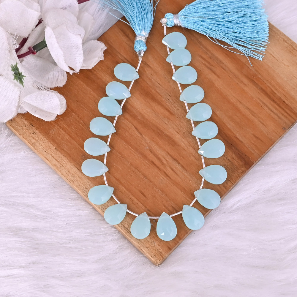 Image of Natural Aqua Chalcedony Loose Gemstone 17 Gram 13x9 mm Teardrop Briolette Faceted Beads Strand for Jewelry Making | 1 Line Strand