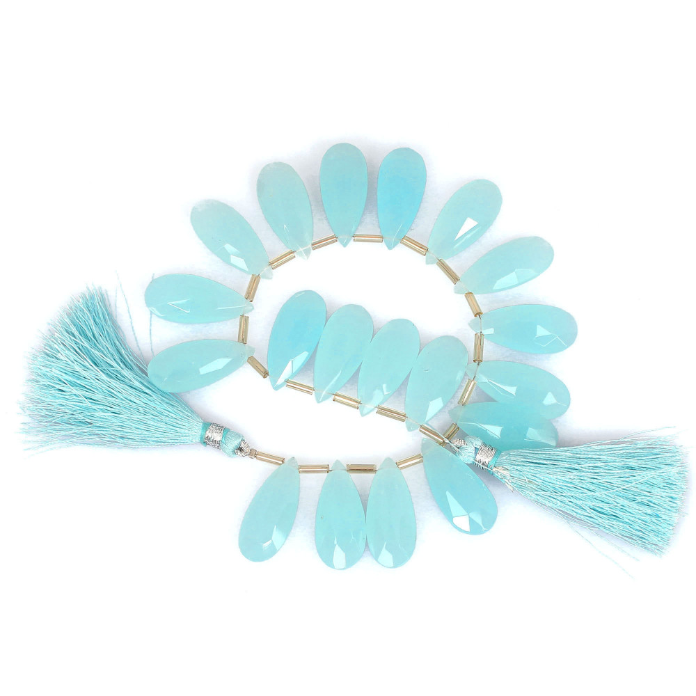 Image of Natural Aqua Chalcedony Loose Gemstone 41.5 Gram 25x11 mm Teardrop Briolette Faceted Beads Strand for Jewelry Making | 1 Line Strand