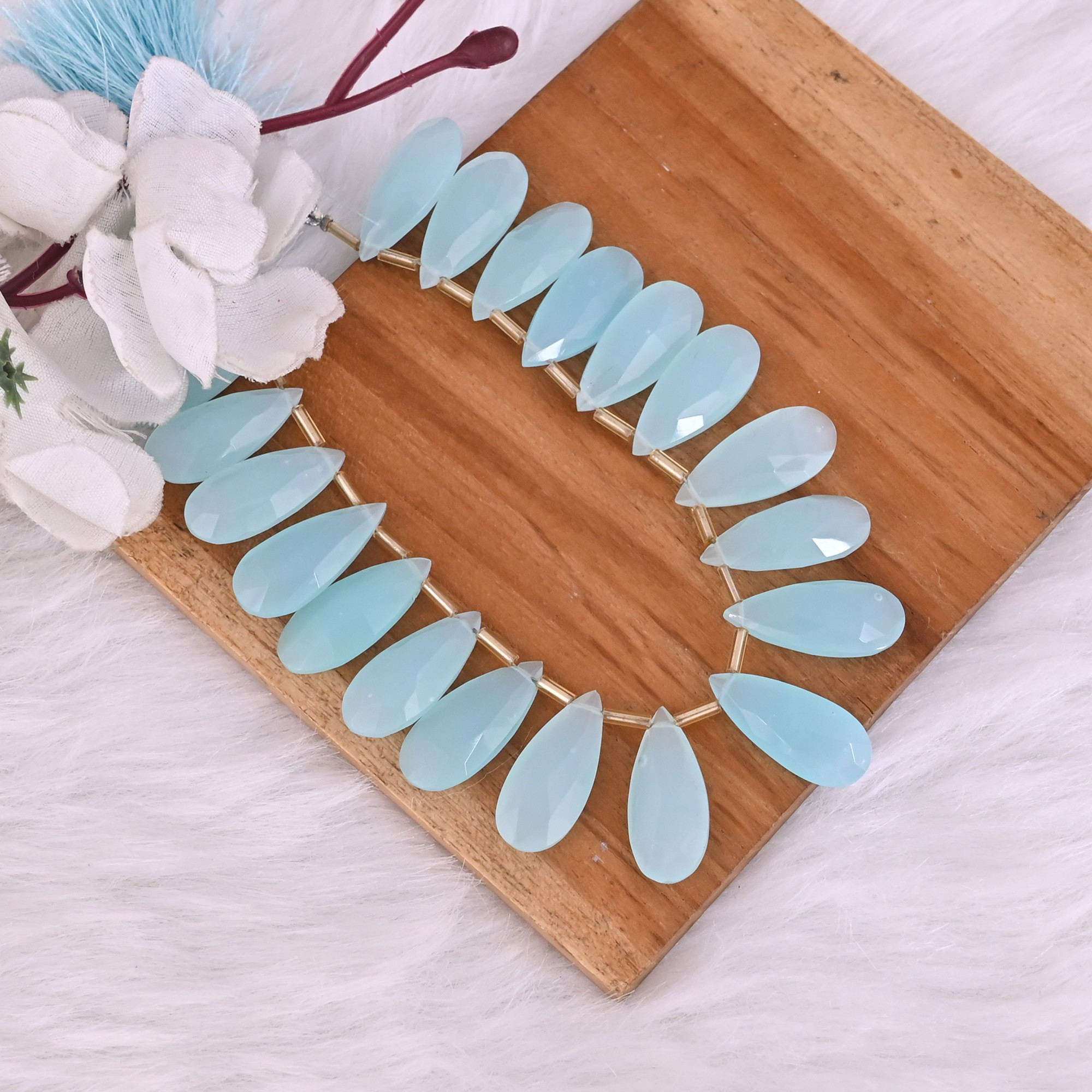Natural Aqua Chalcedony Loose Gemstone 415 Gram 25x11 mm Teardrop Briolette Faceted Beads Strand for Jewelry Making  1 Line Strand