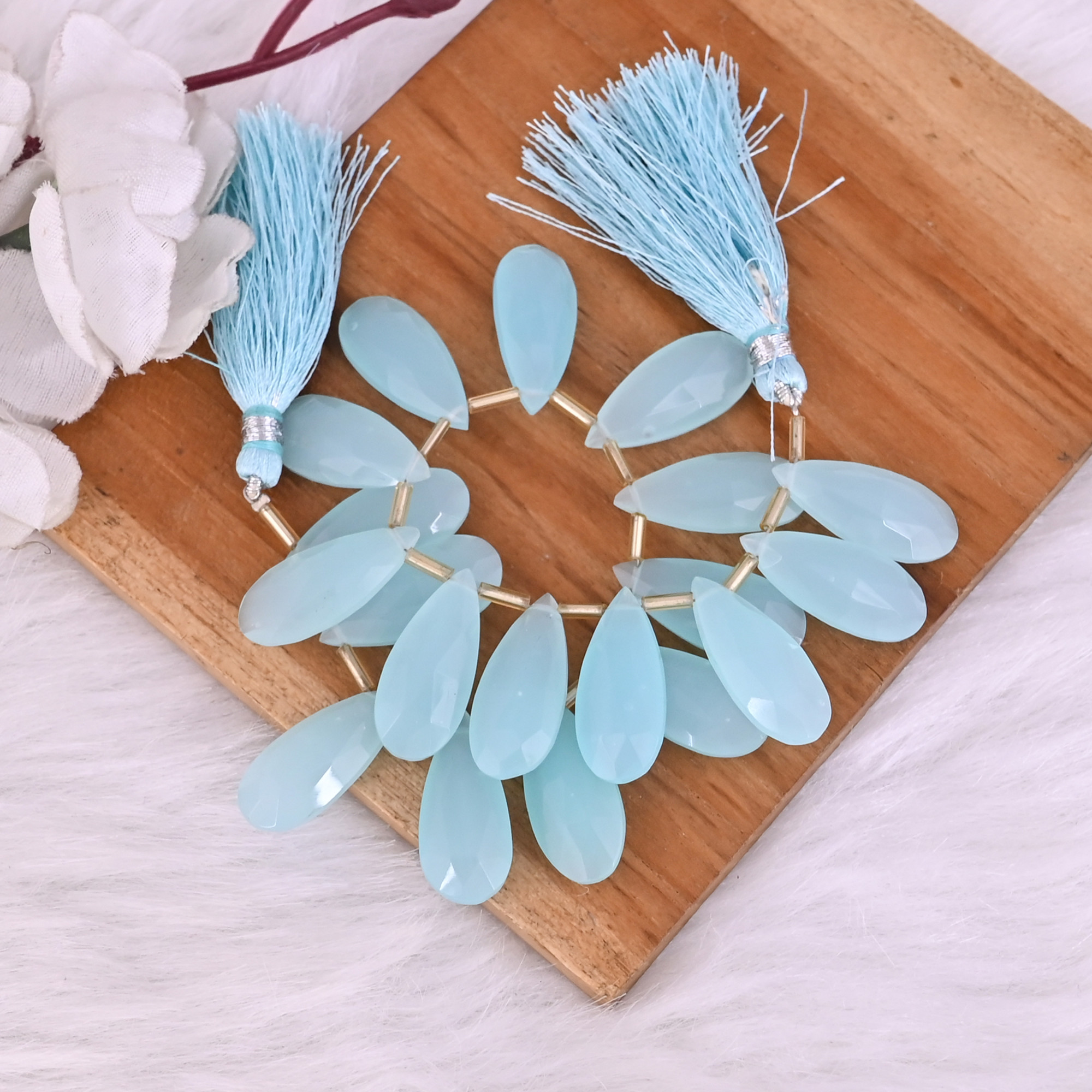 Natural Aqua Chalcedony Loose Gemstone 415 Gram 25x11 mm Teardrop Briolette Faceted Beads Strand for Jewelry Making 1 Line Strand