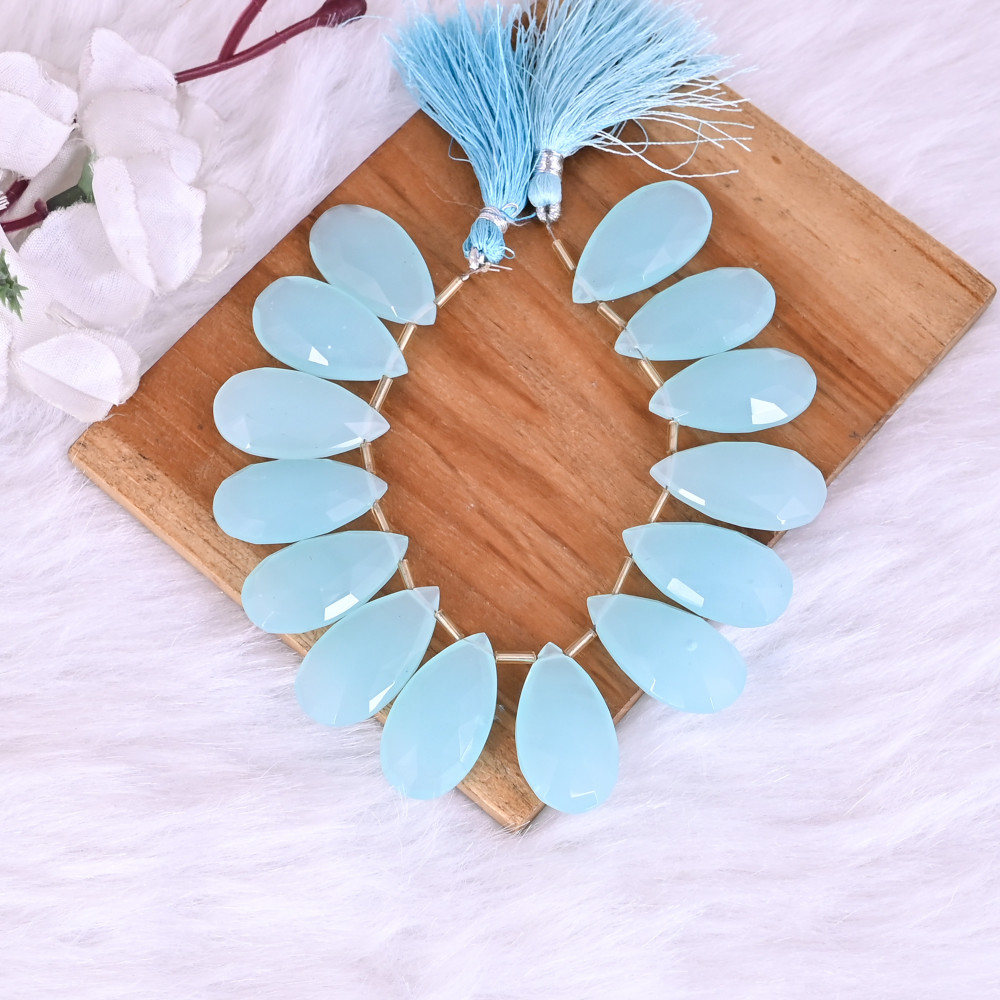 Image of Natural Aqua Chalcedony Loose Gemstone 71.1 Gram 30x16 mm Teardrop Briolette Faceted Beads Strand for Jewelry Making | 1 Line Strand