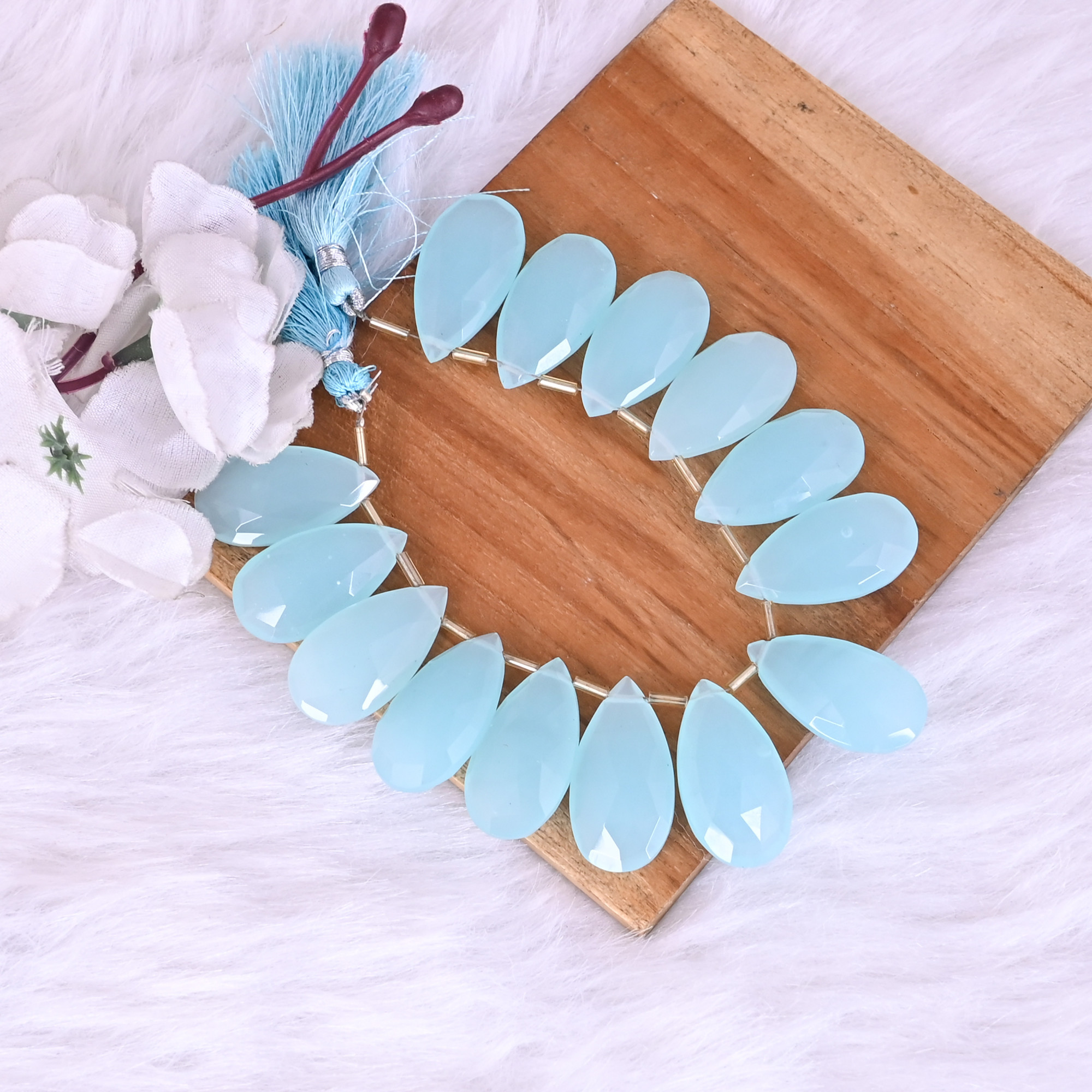 Natural Aqua Chalcedony Loose Gemstone 711 Gram 30x16 mm Teardrop Briolette Faceted Beads Strand for Jewelry Making  1 Line Strand