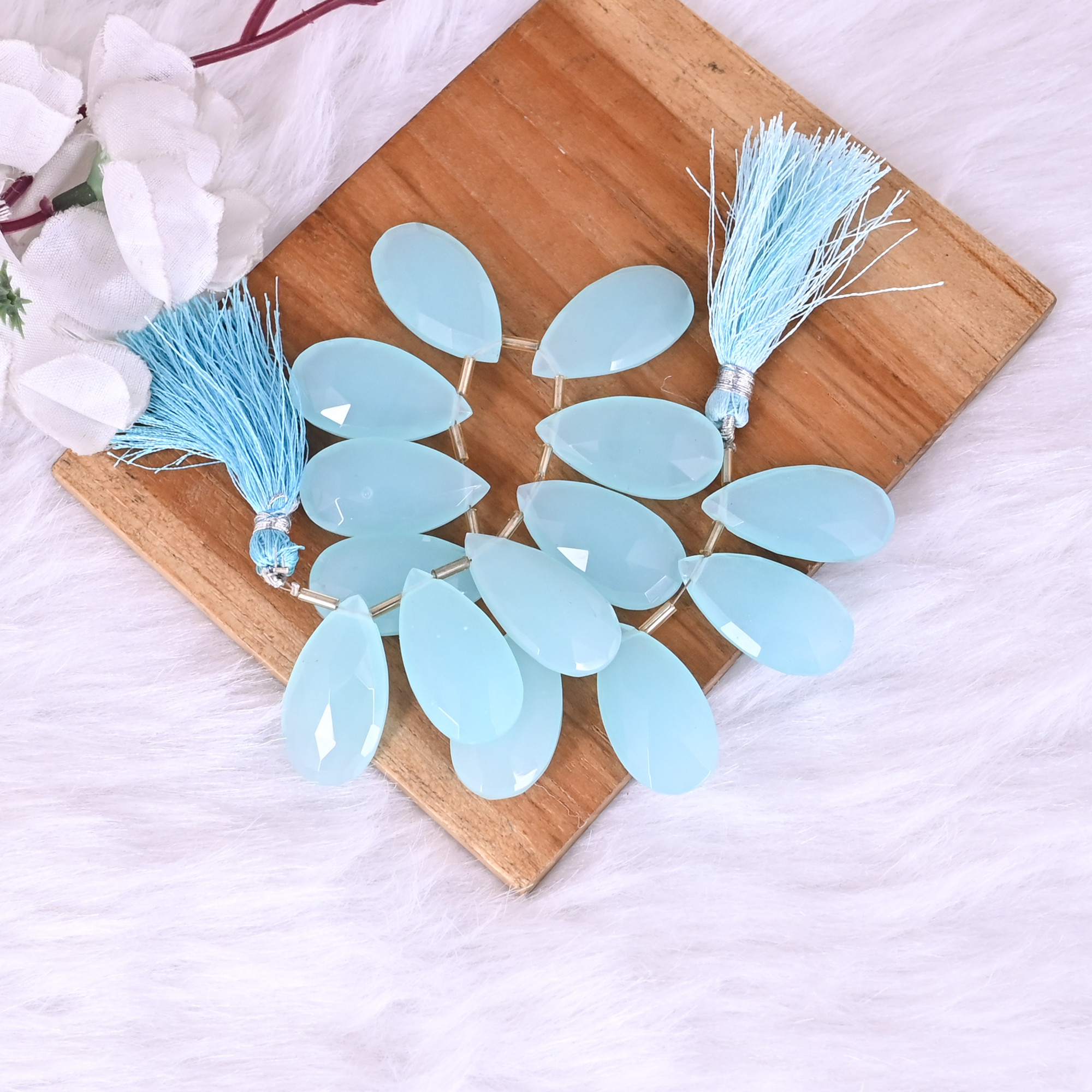 Natural Aqua Chalcedony Loose Gemstone 711 Gram 30x16 mm Teardrop Briolette Faceted Beads Strand for Jewelry Making  1 Line Strand