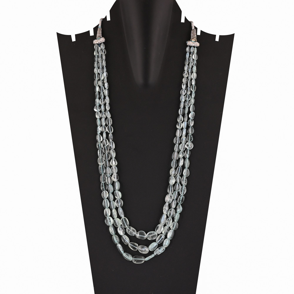 Image of Natural Aquamarine Multi Layer Beaded Necklace Handmade Classic Gemstone Jewelry