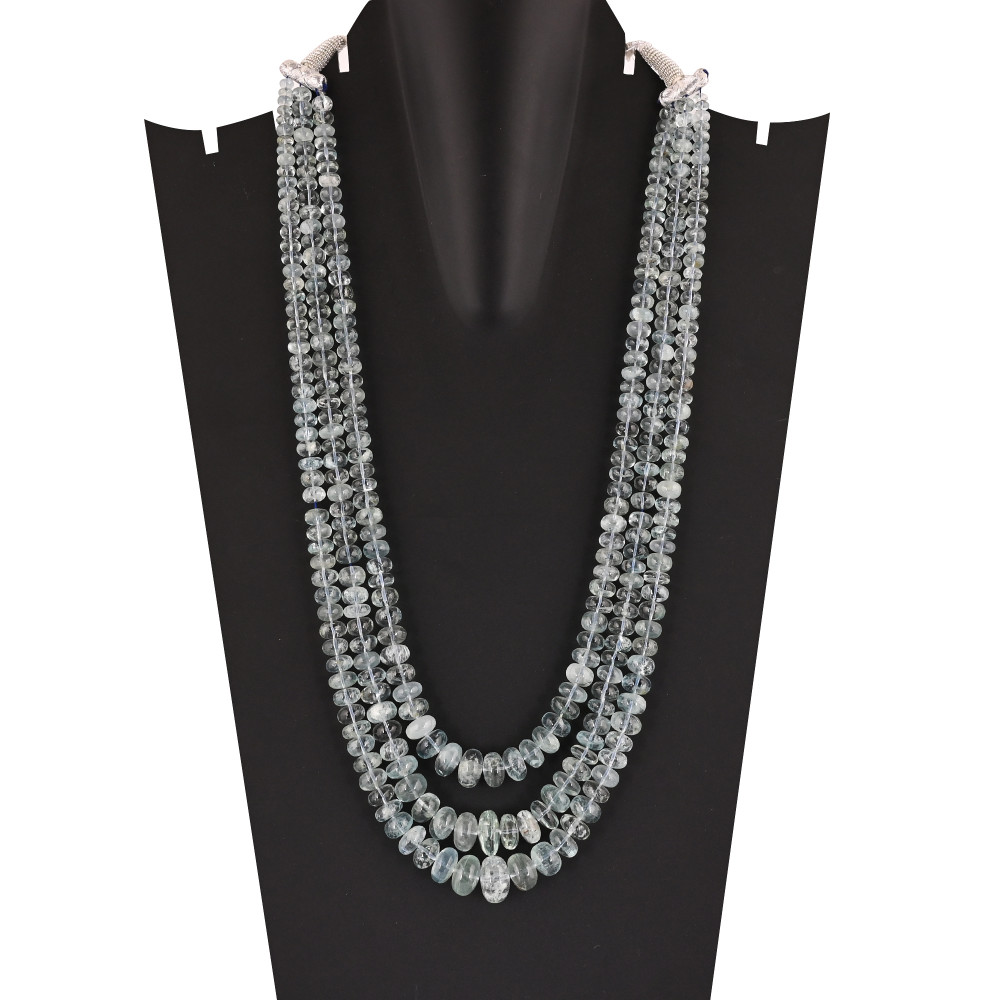 Image of Natural Aquamarine Multi Layer Bati Shaped Beaded Necklace Classic Gemstone Jewelry