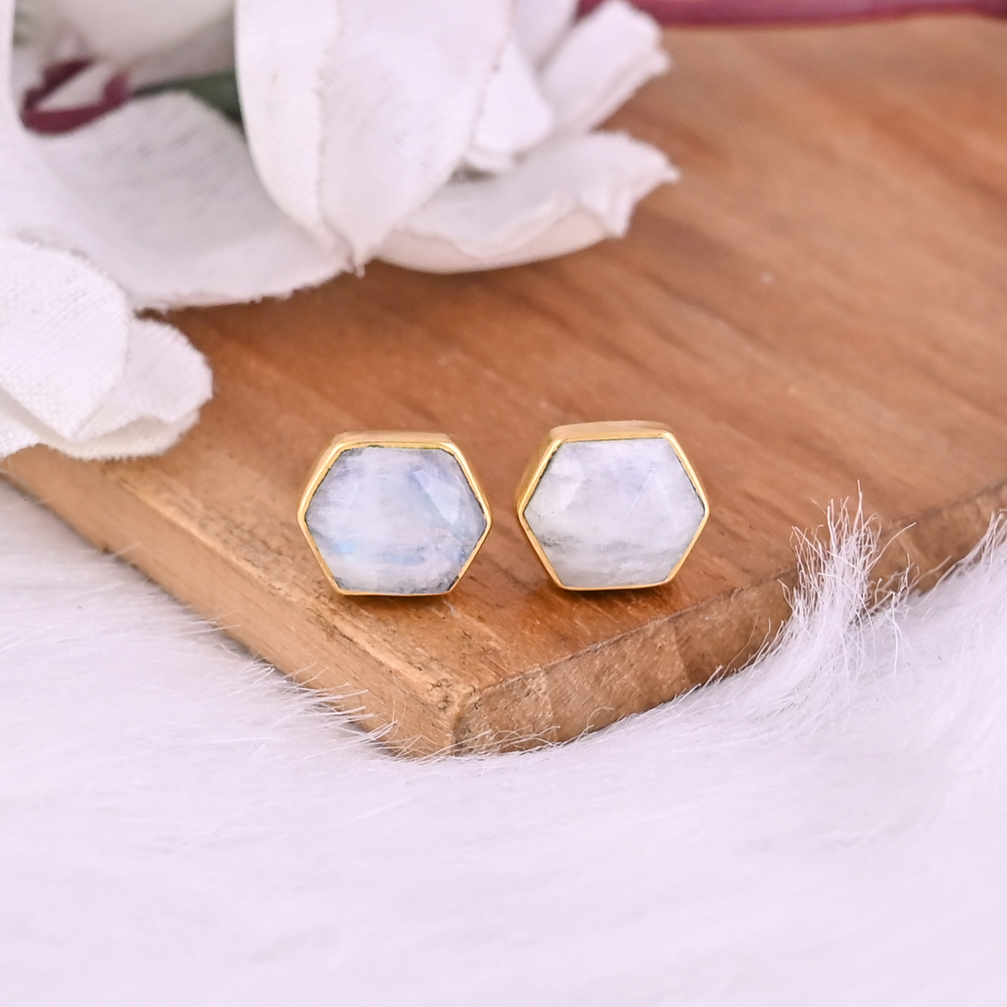 Natural Rainbow Moonstone Stud Brass Earrings 29 gram 10x8 mm Hexagon Gold Plated Earring for Women 1 Pair