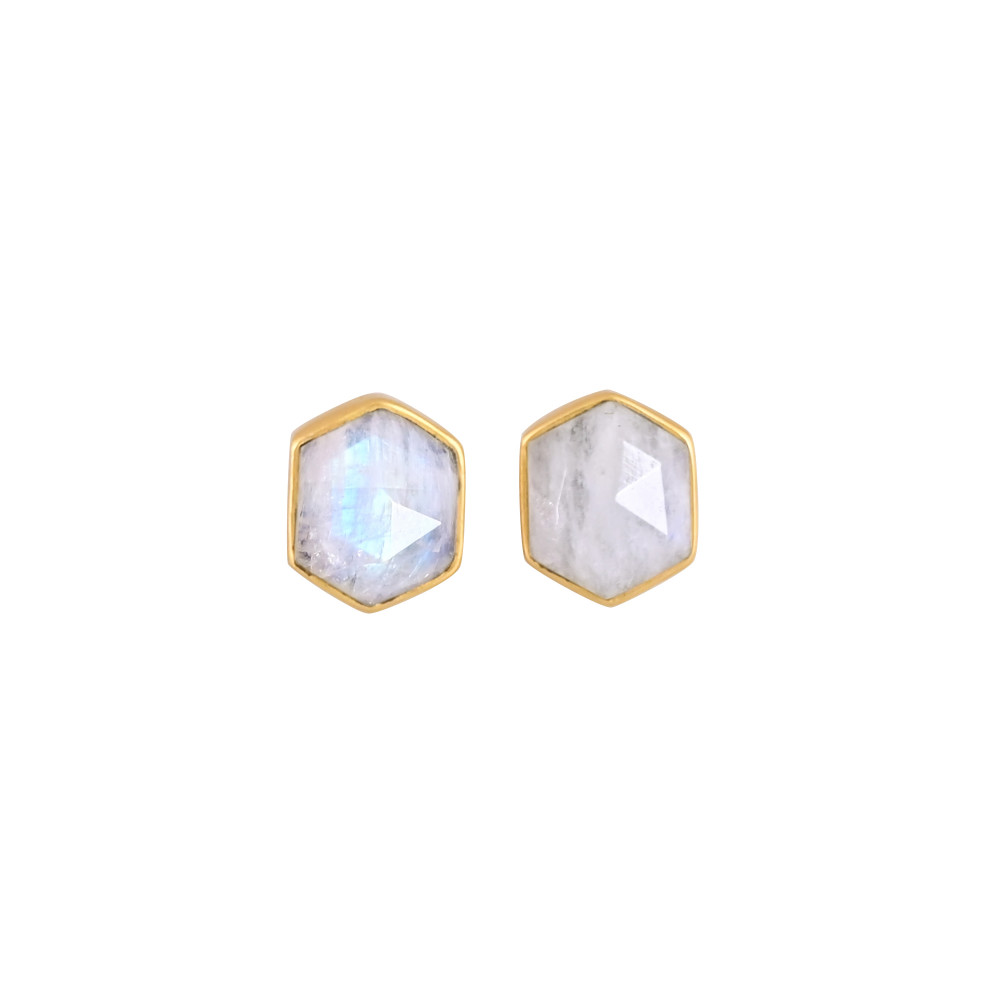 Image of Natural Rainbow Moonstone Stud Brass Earrings 2.9 gram 10x8 mm Hexagon Gold Plated Earring for Women | 1 Pair