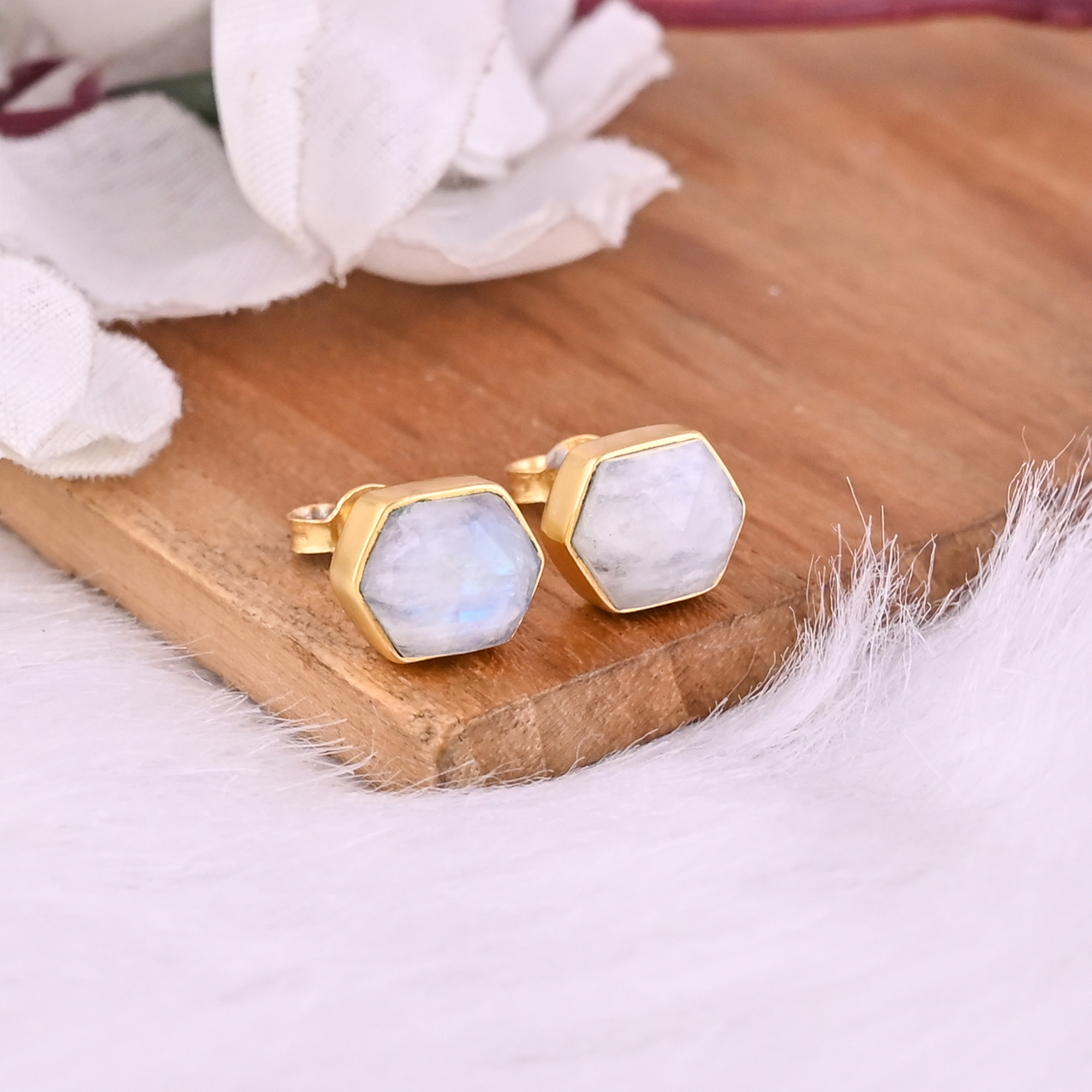 Natural Rainbow Moonstone Stud Brass Earrings 29 gram 10x8 mm Hexagon Gold Plated Earring for Women 1 Pair