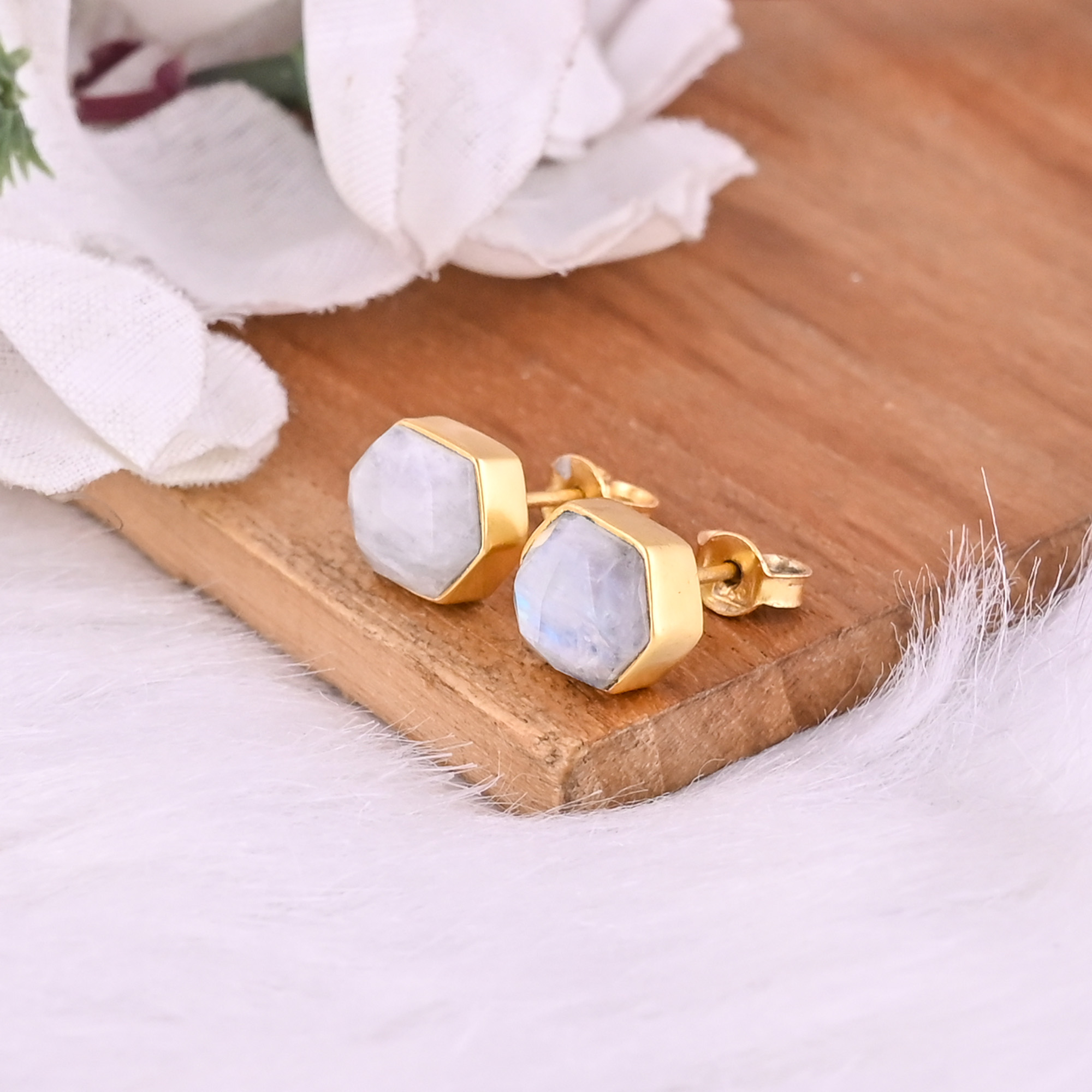 Natural Rainbow Moonstone Stud Brass Earrings 29 gram 10x8 mm Hexagon Gold Plated Earring for Women  1 Pair