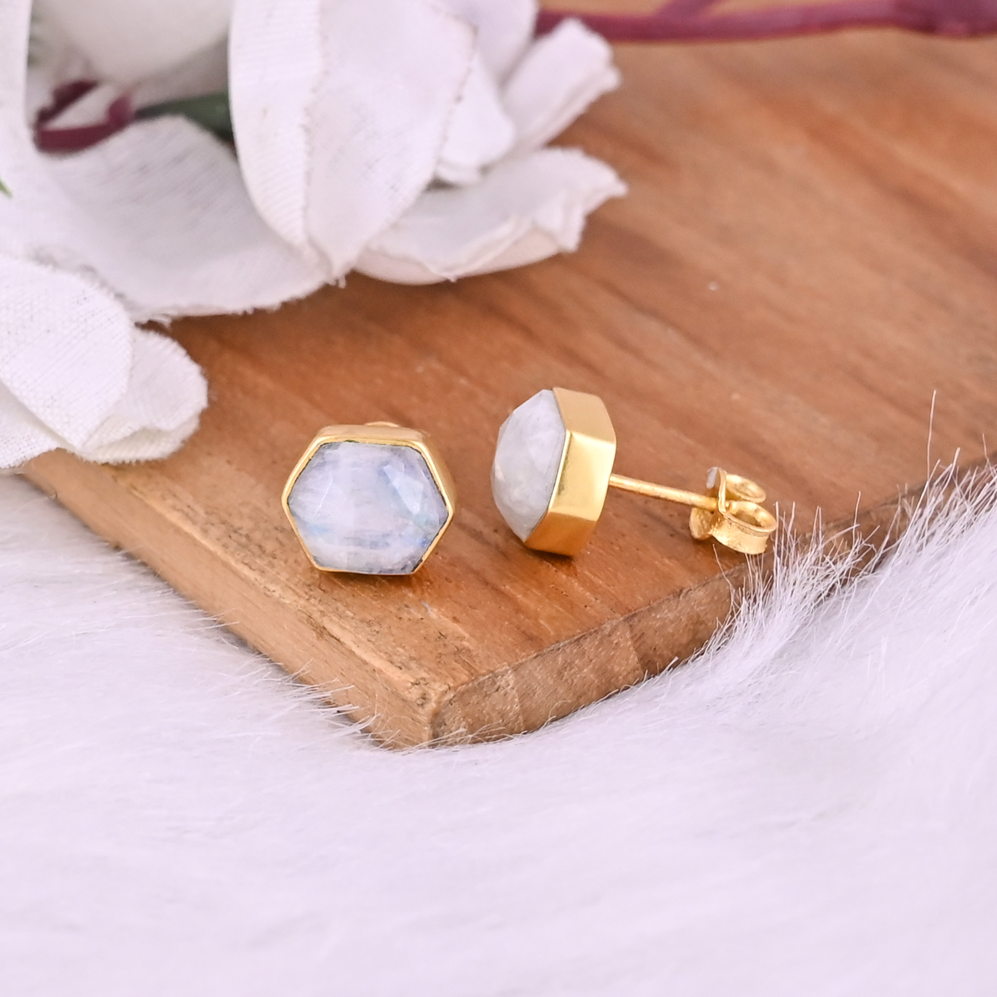 Natural Rainbow Moonstone Stud Brass Earrings 29 gram 10x8 mm Hexagon Gold Plated Earring for Women  1 Pair