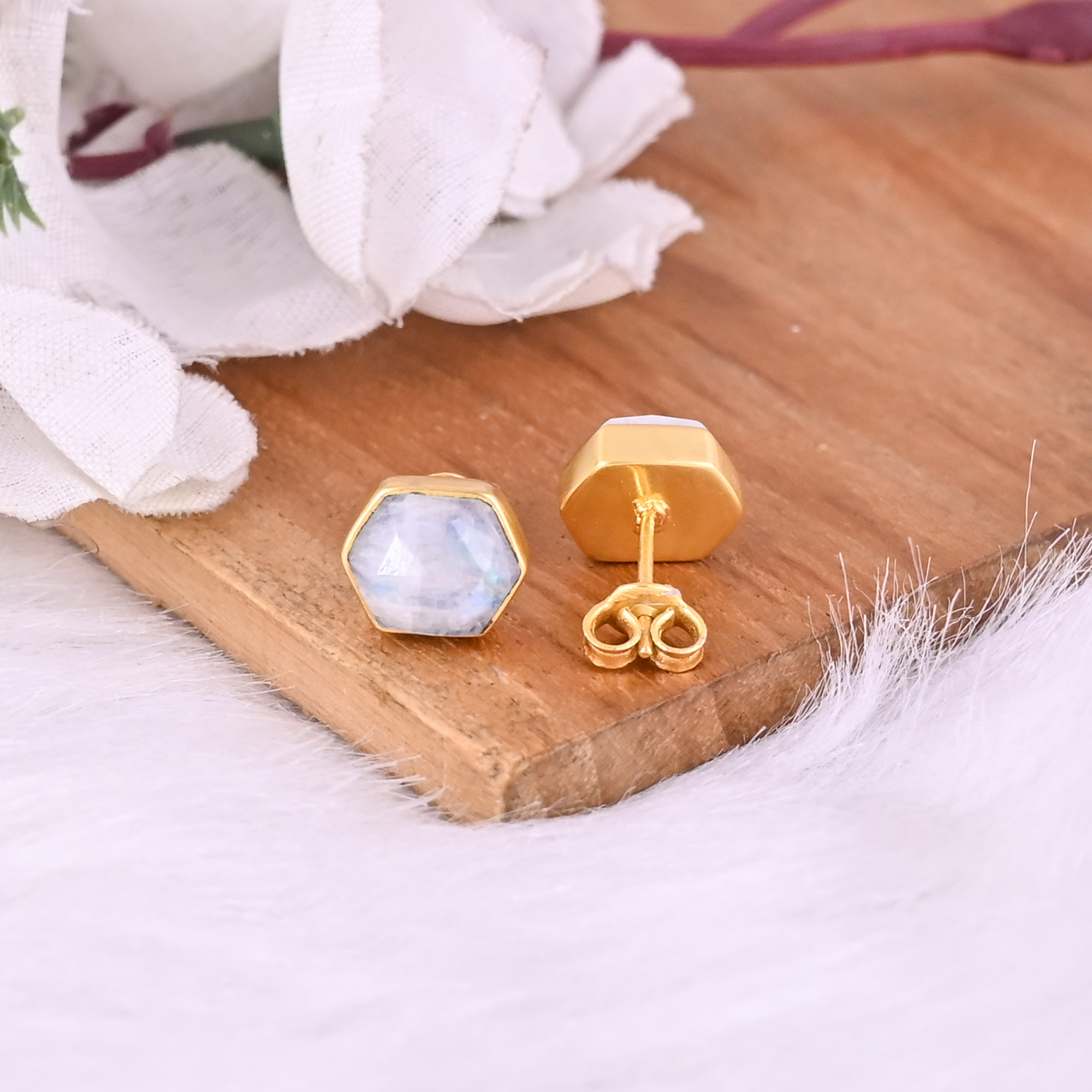 Natural Rainbow Moonstone Stud Brass Earrings 29 gram 10x8 mm Hexagon Gold Plated Earring for Women 1 Pair