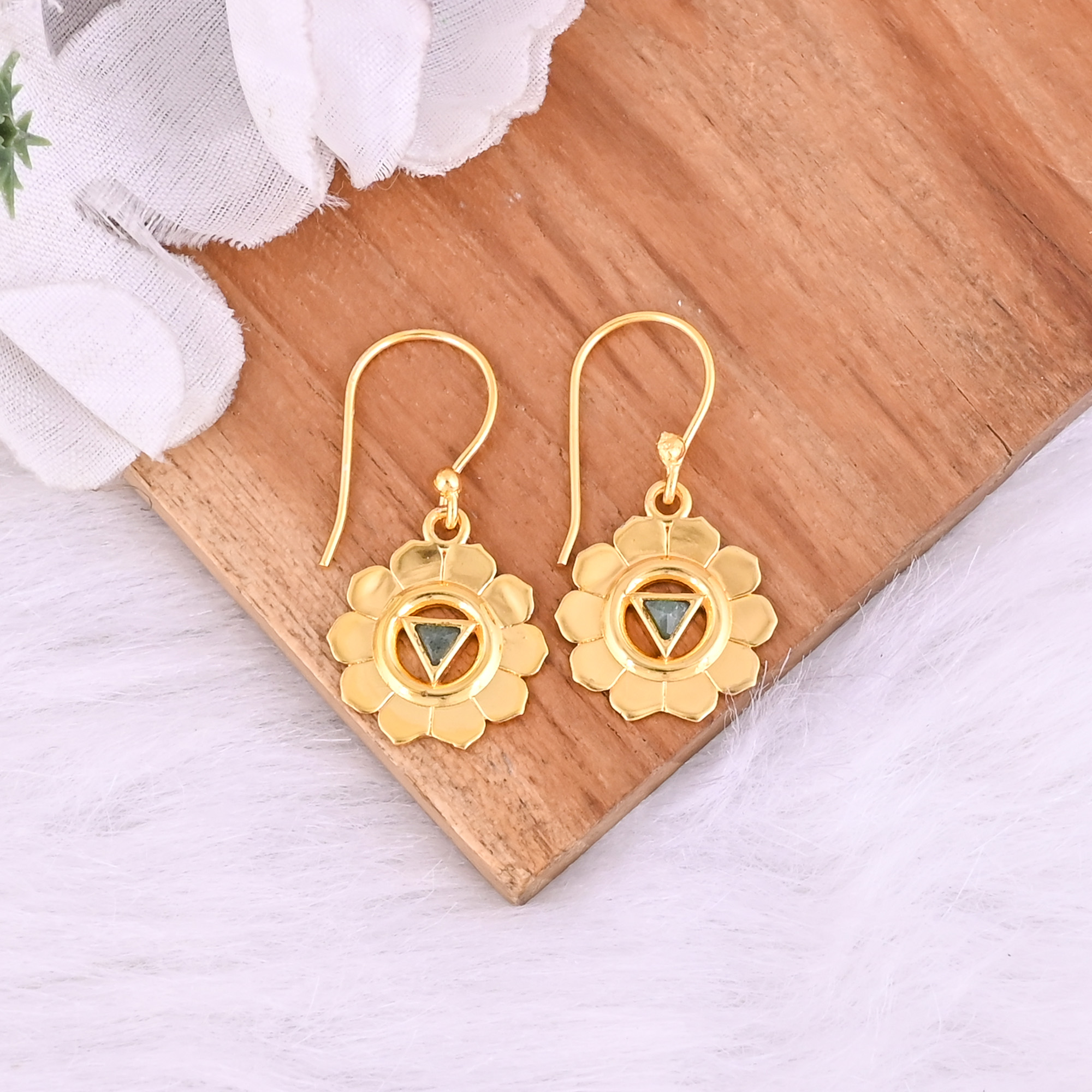 Natural Green Aventurine Dangle Brass Earrings 37 gram 33 mm Triangle Gemstone Gold Plated Earring for Women  1 Pair