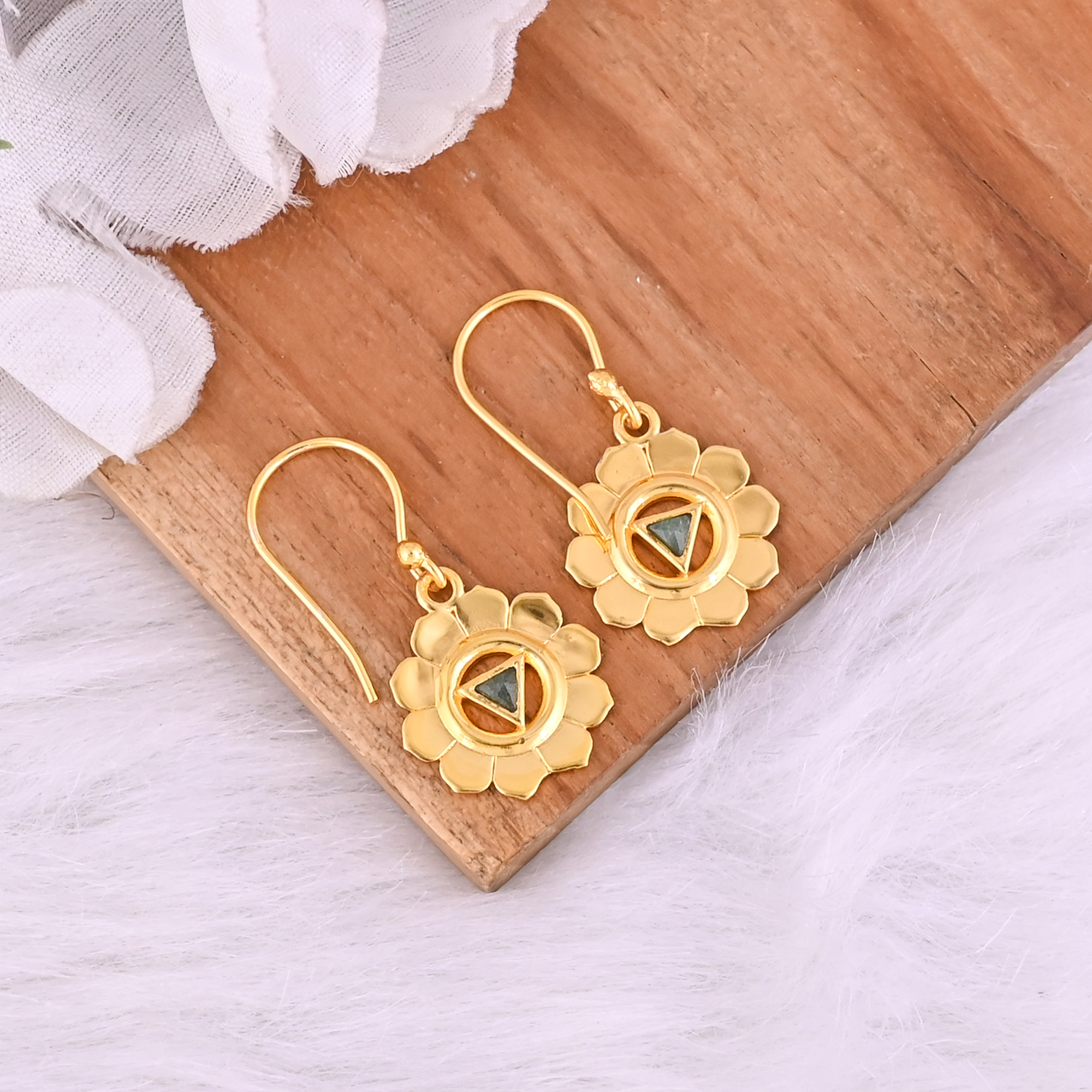 Natural Green Aventurine Dangle Brass Earrings 37 gram 33 mm Triangle Gemstone Gold Plated Earring for Women 1 Pair