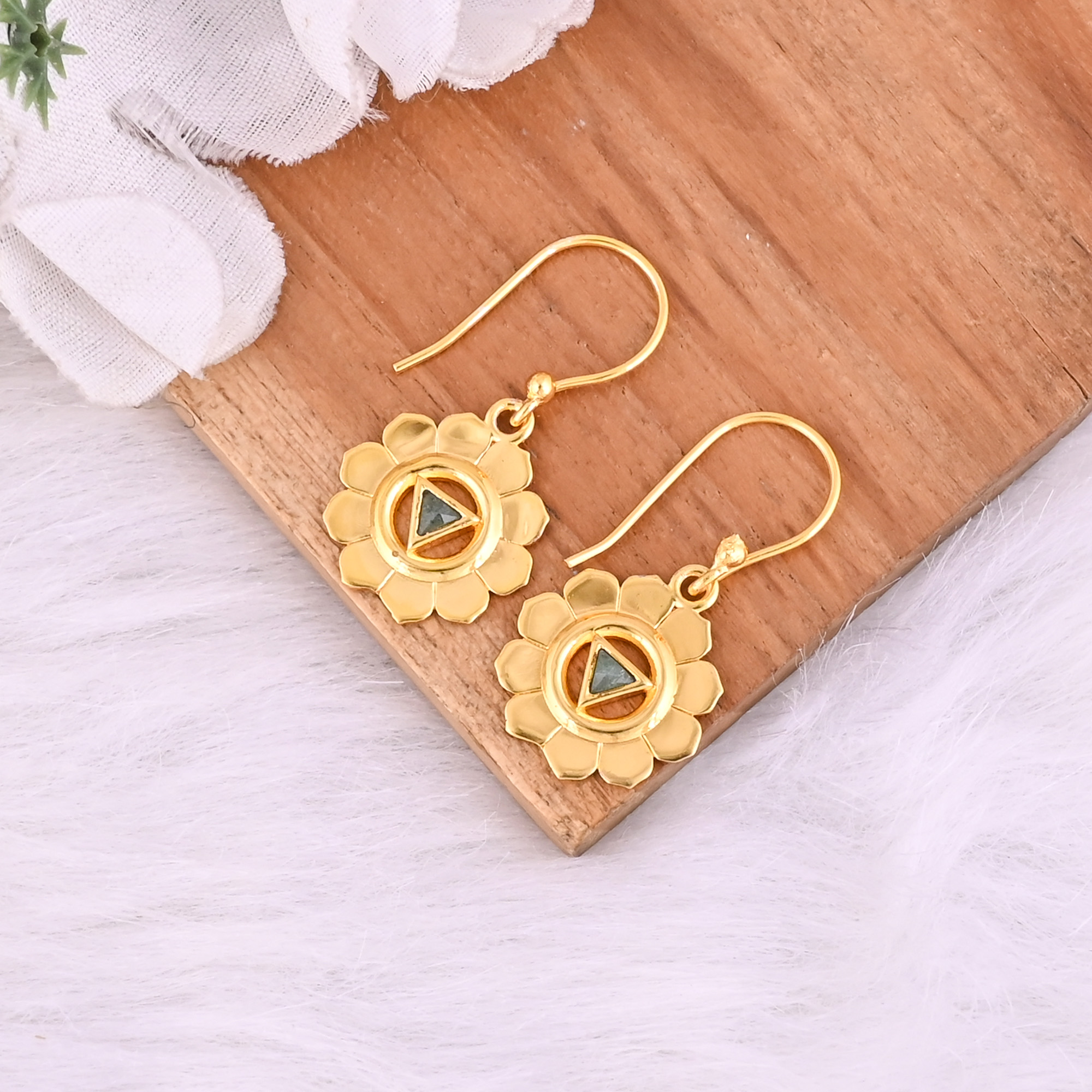 Natural Green Aventurine Dangle Brass Earrings 37 gram 33 mm Triangle Gemstone Gold Plated Earring for Women 1 Pair