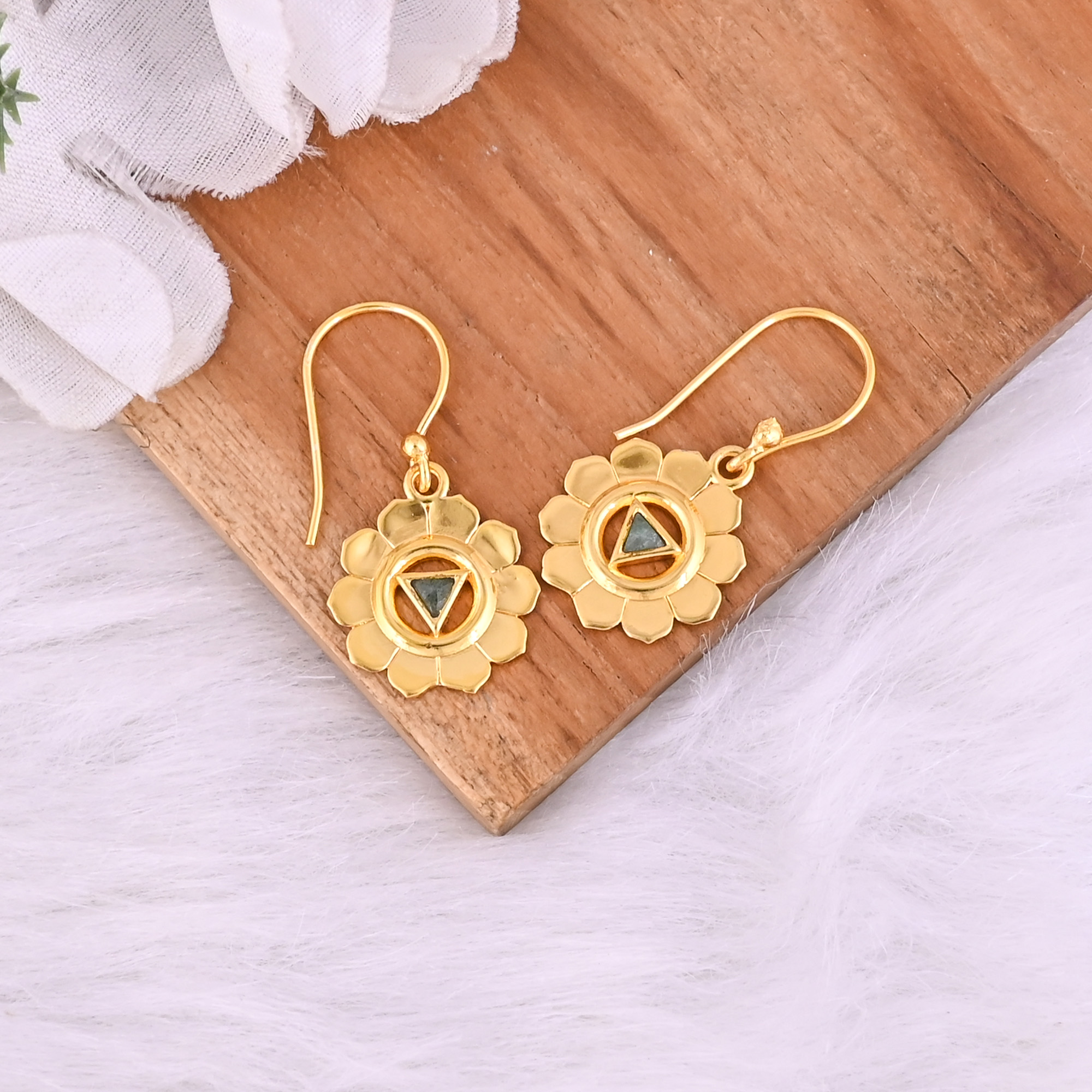 Natural Green Aventurine Dangle Brass Earrings 37 gram 33 mm Triangle Gemstone Gold Plated Earring for Women 1 Pair