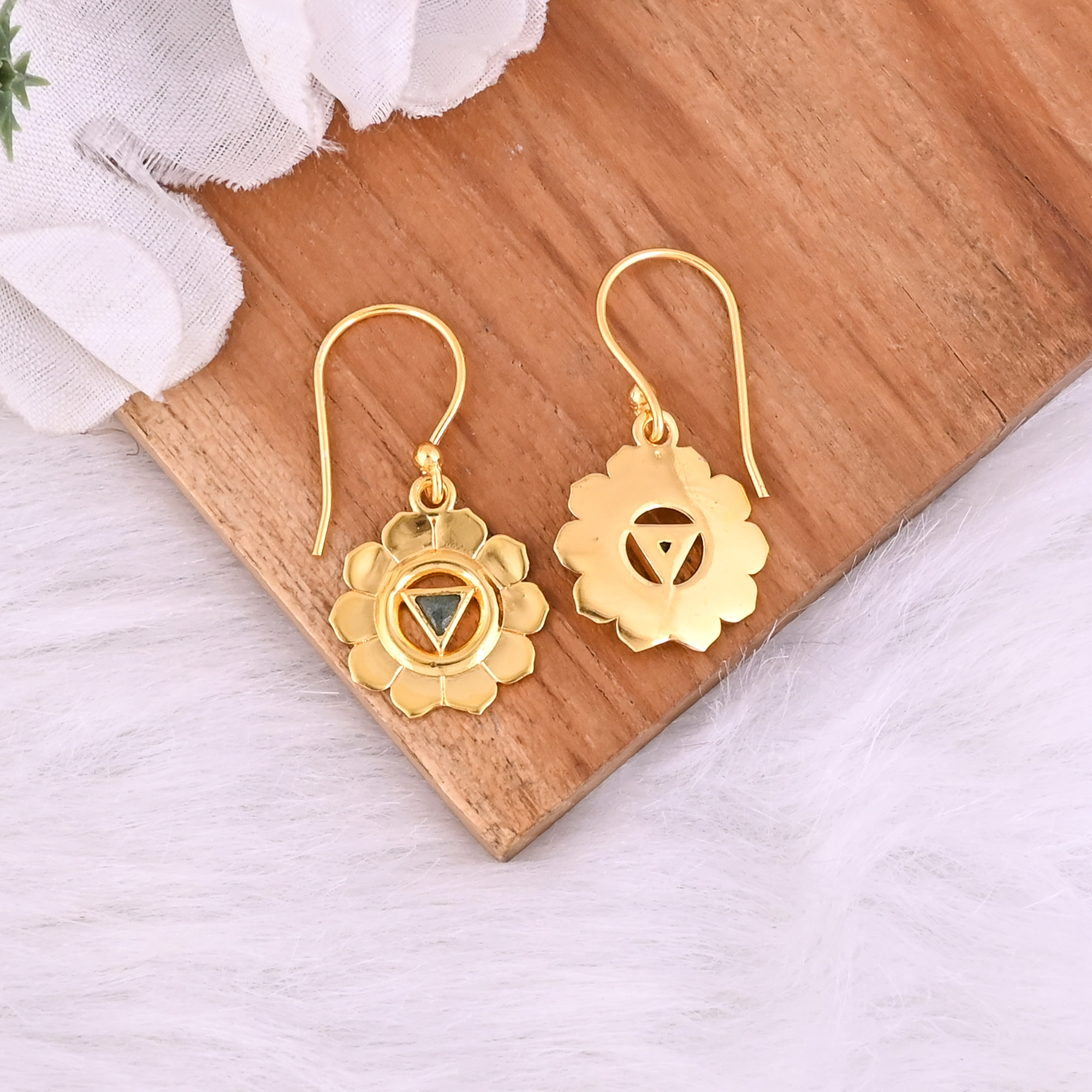 Natural Green Aventurine Dangle Brass Earrings 37 gram 33 mm Triangle Gemstone Gold Plated Earring for Women  1 Pair