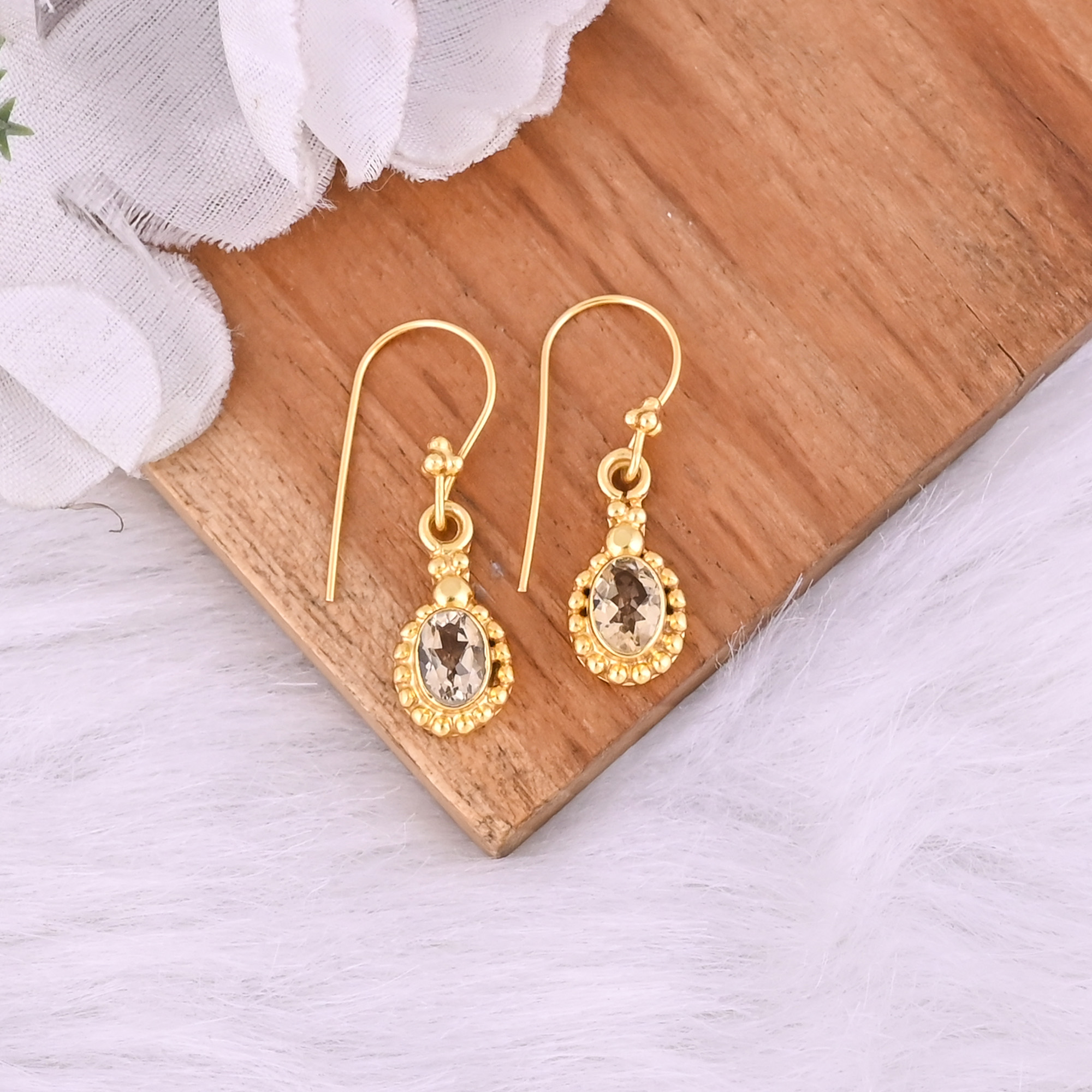 Natural Citrine Dangle 925 Sterling Silver Earrings 38 gram 30 mm Oval Gold Plated Earring for Women  1 Pair