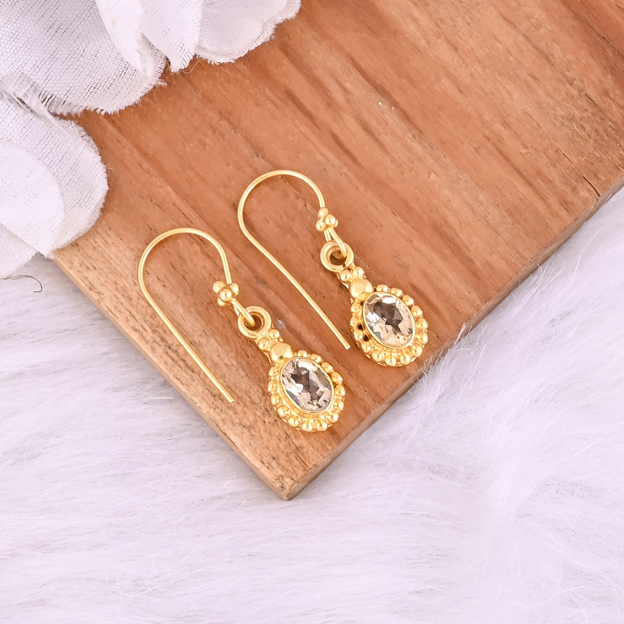 Natural Citrine Dangle 925 Sterling Silver Earrings 38 gram 30 mm Oval Gold Plated Earring for Women 1 Pair