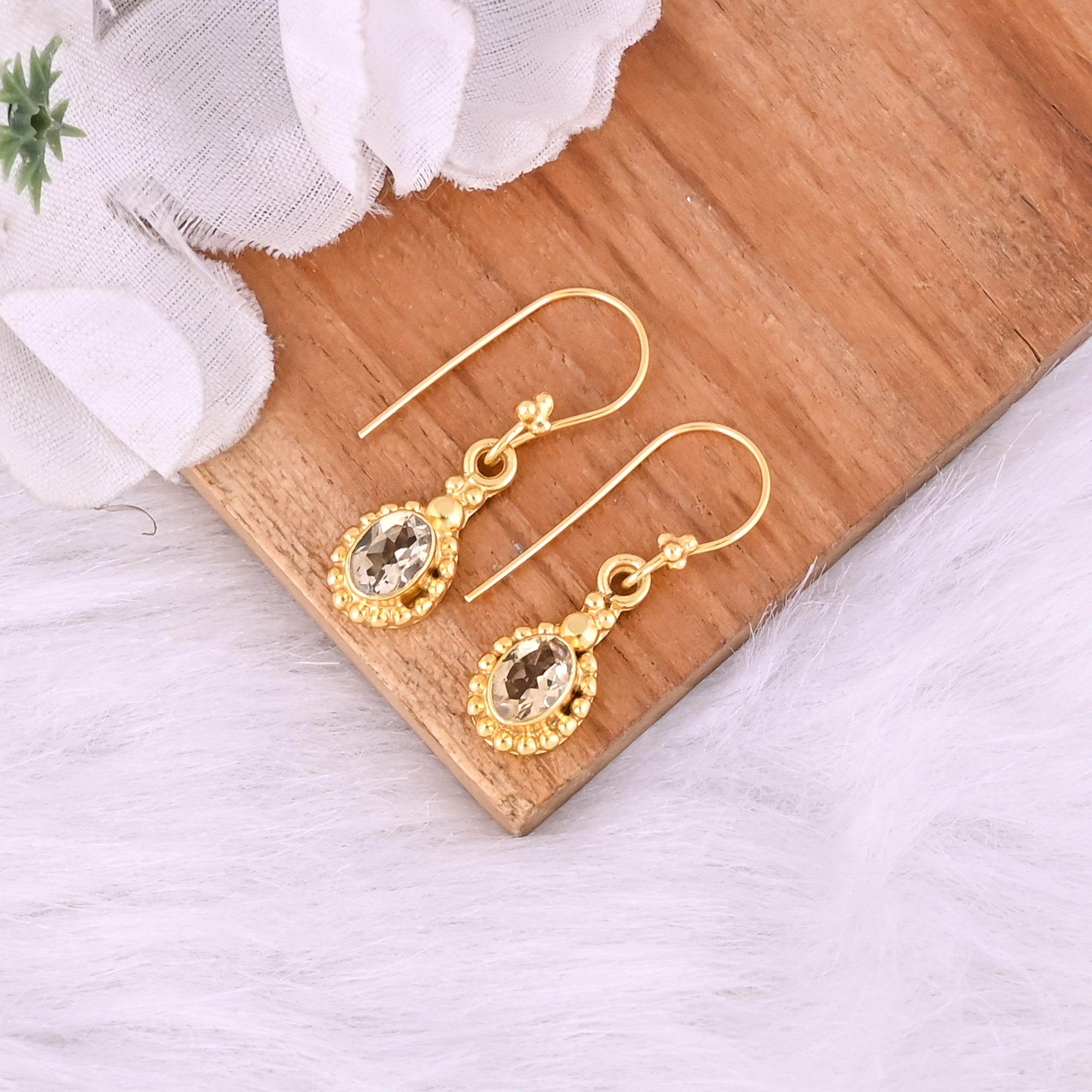 Natural Citrine Dangle 925 Sterling Silver Earrings 38 gram 30 mm Oval Gold Plated Earring for Women 1 Pair