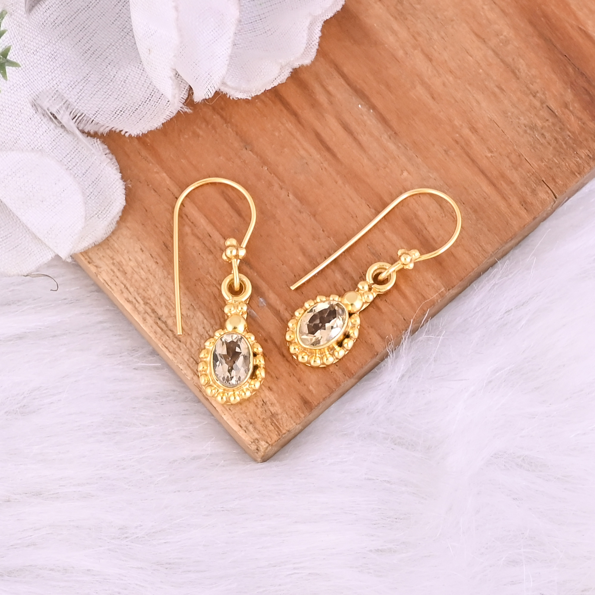 Natural Citrine Dangle 925 Sterling Silver Earrings 38 gram 30 mm Oval Gold Plated Earring for Women  1 Pair