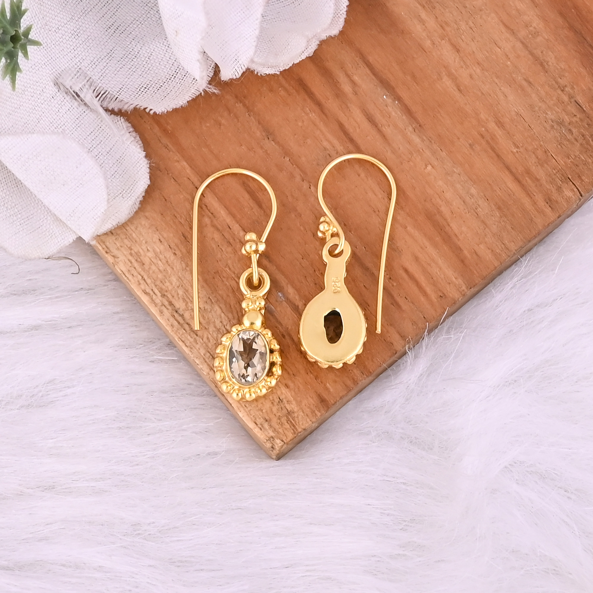 Natural Citrine Dangle 925 Sterling Silver Earrings 38 gram 30 mm Oval Gold Plated Earring for Women  1 Pair