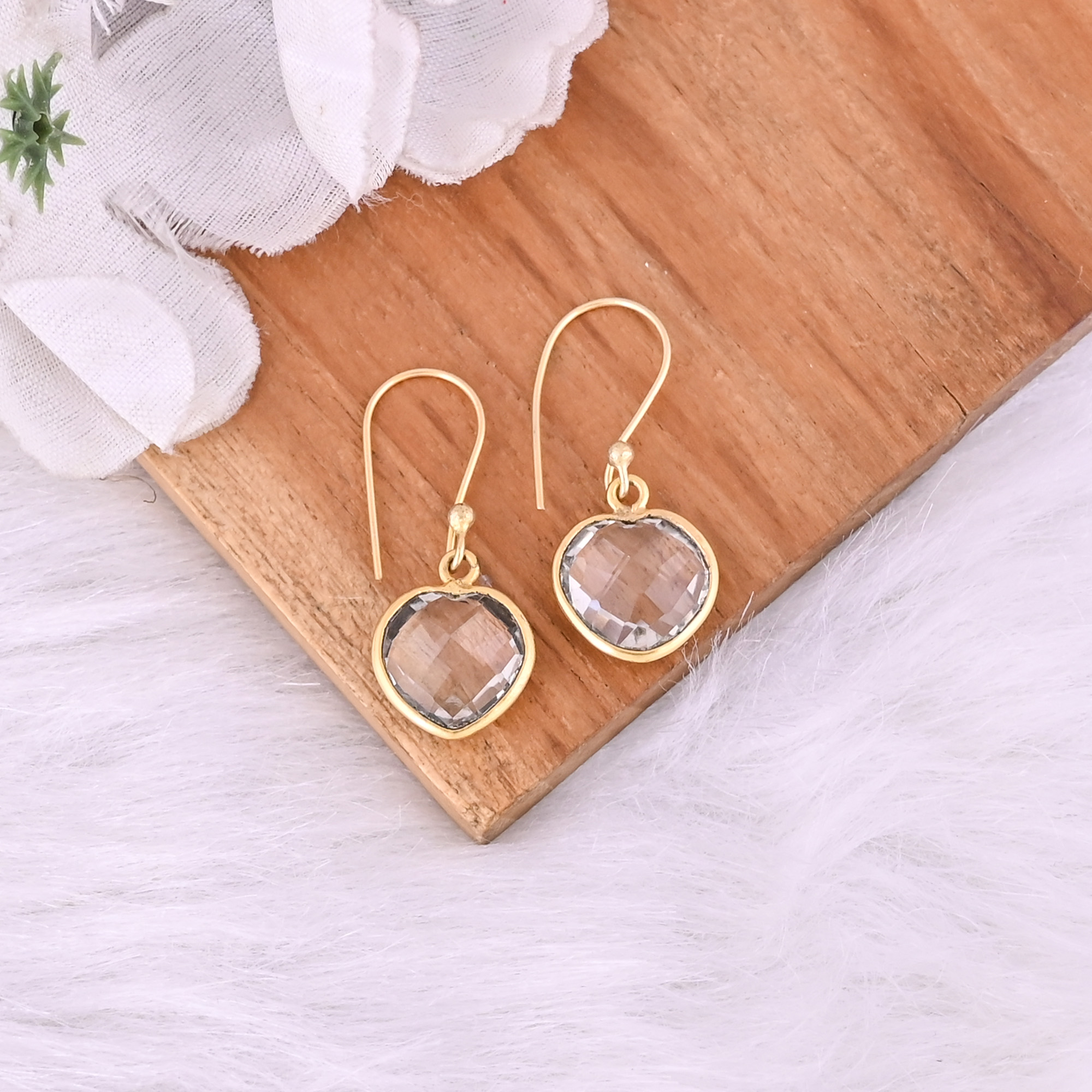 Natural Green Amethyst Dangle 925 Sterling Silver Earrings 26 gram 30 mm Heart Gold Plated Earring for Women  1 Pair