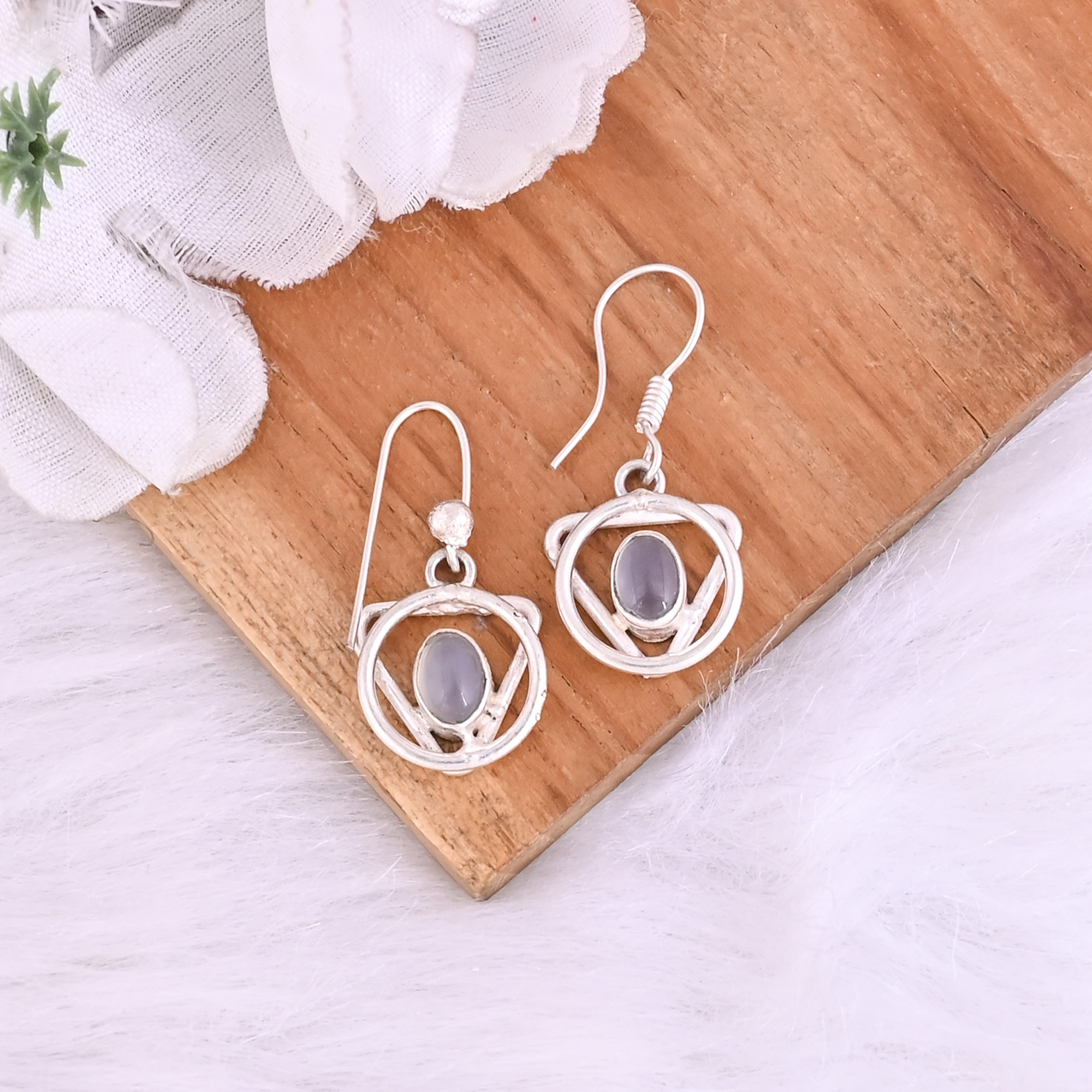 Natural White Moonstone Dangle Brass Earrings 39 gram 30 mm Oval Gemstone Silver Plated Earring for Women 1 Pair