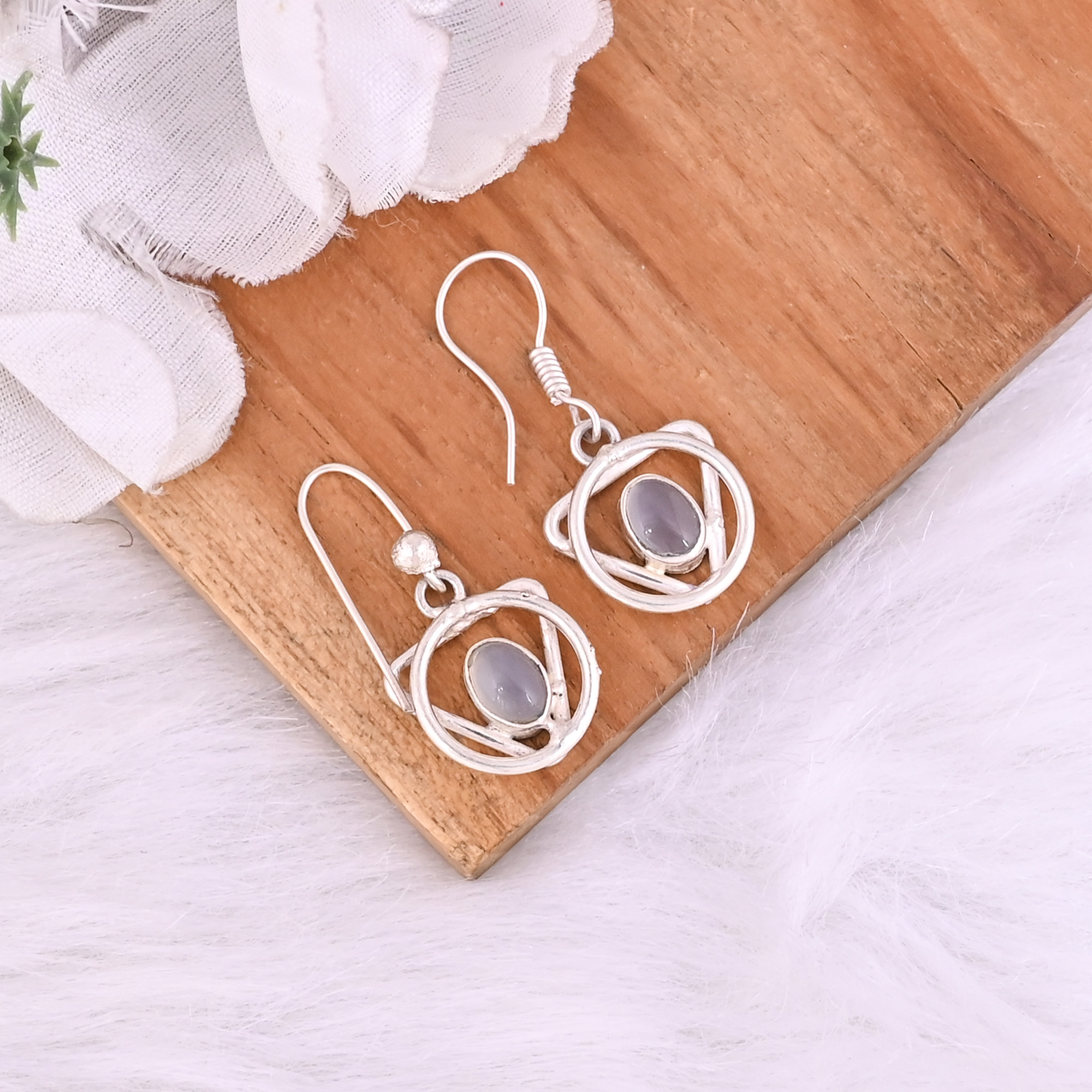 Natural White Moonstone Dangle Brass Earrings 39 gram 30 mm Oval Gemstone Silver Plated Earring for Women 1 Pair