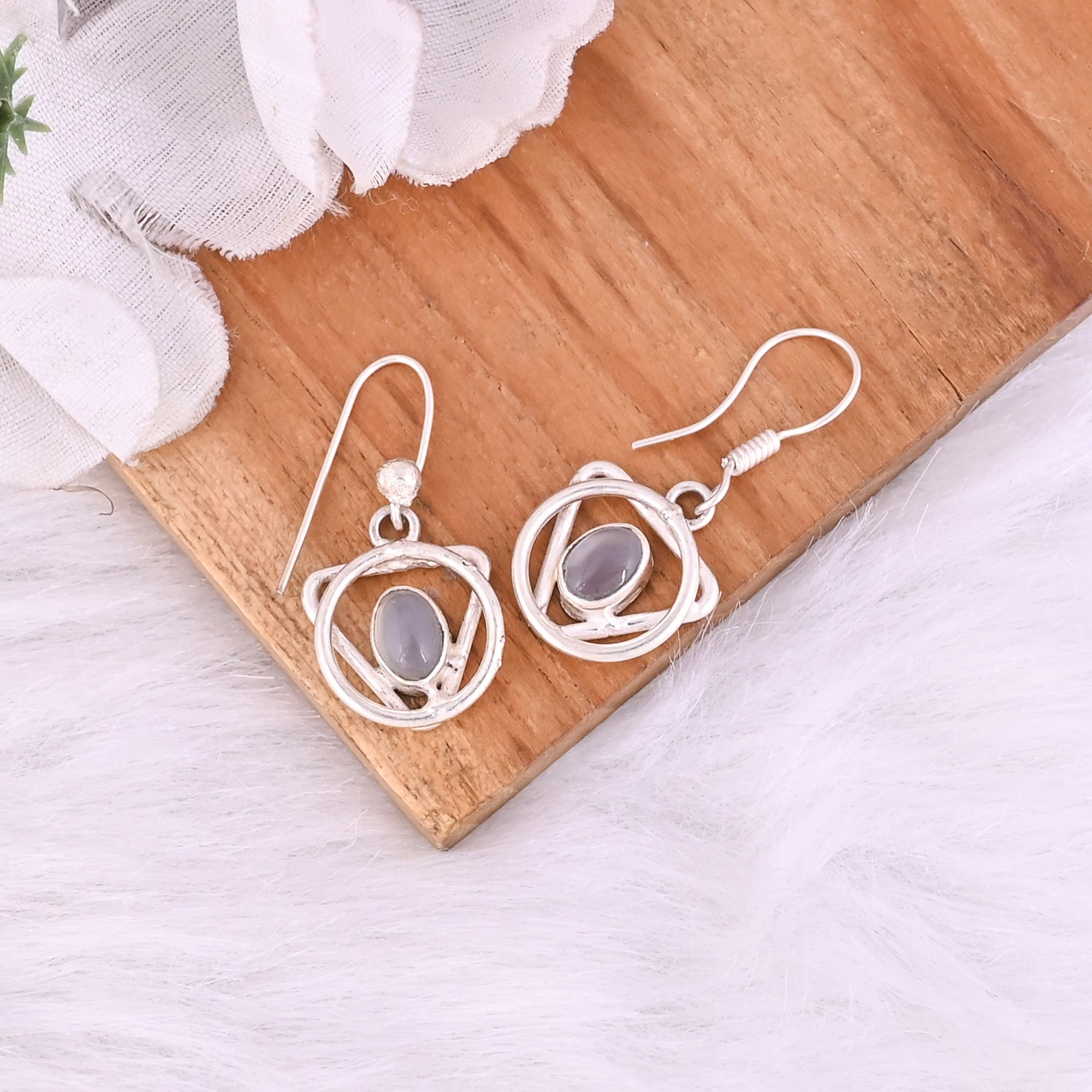 Natural White Moonstone Dangle Brass Earrings 39 gram 30 mm Oval Gemstone Silver Plated Earring for Women 1 Pair