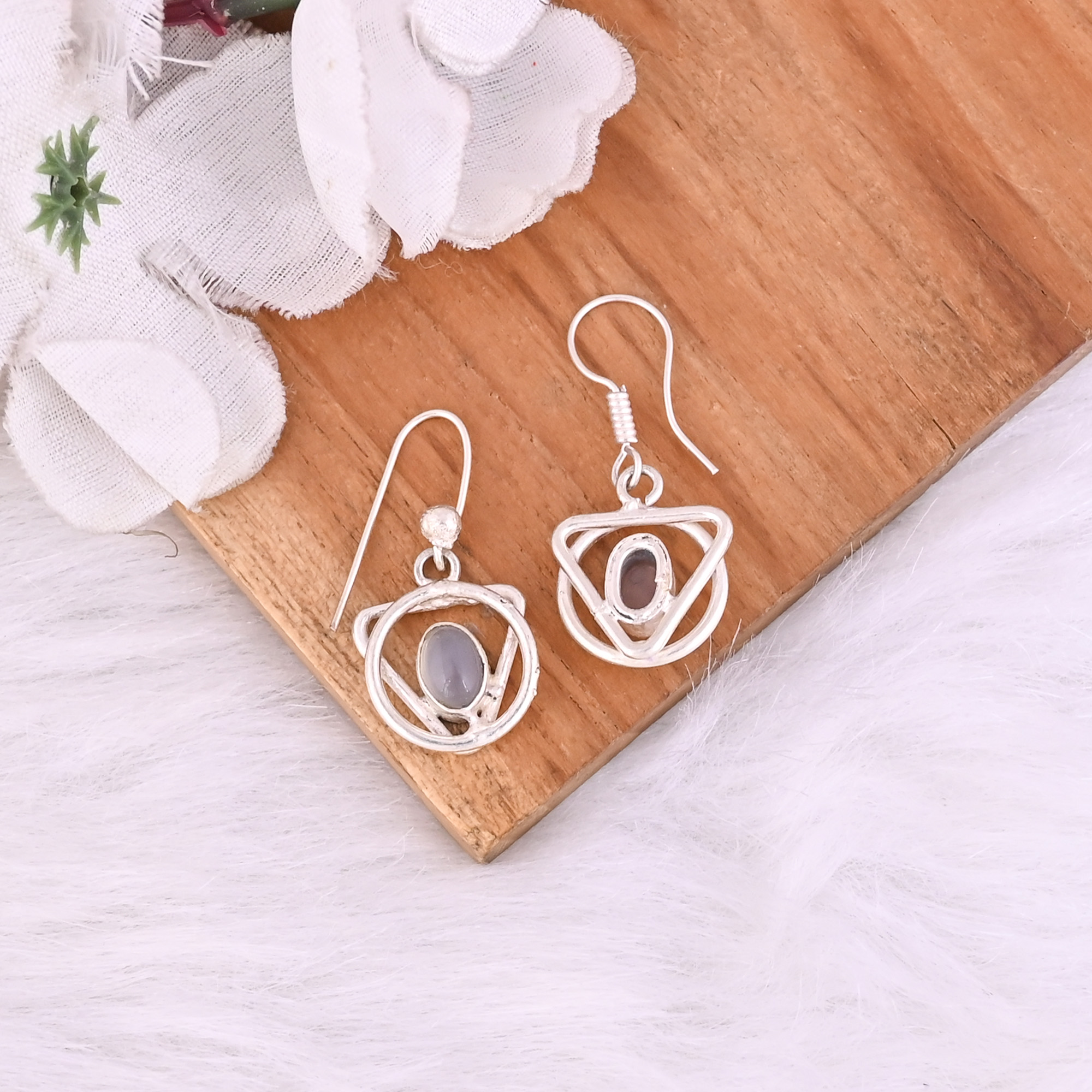 Natural White Moonstone Dangle Brass Earrings 39 gram 30 mm Oval Gemstone Silver Plated Earring for Women 1 Pair
