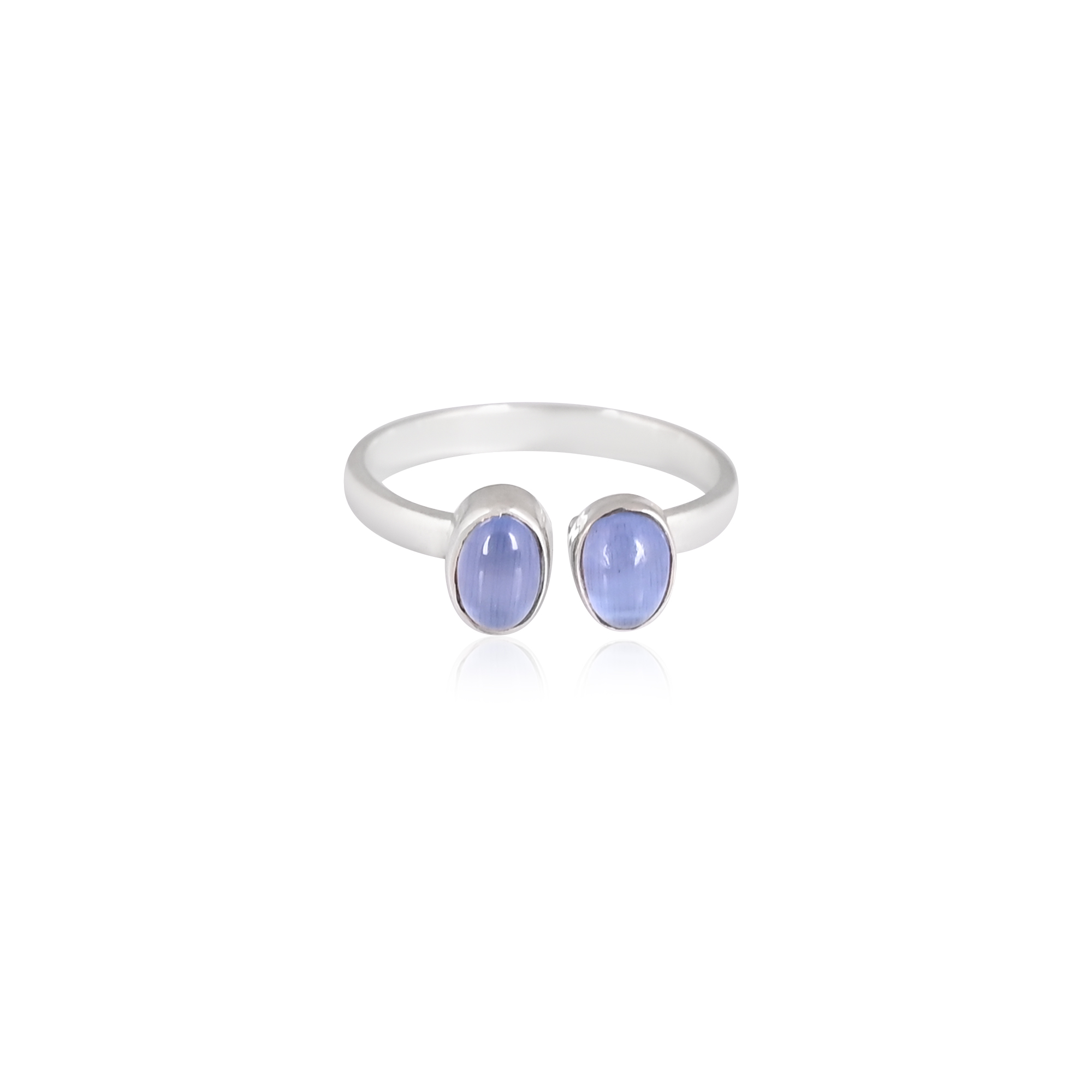 Dual Blue Cats Eye Adjustable Silver Ring 925 Sterling Silver