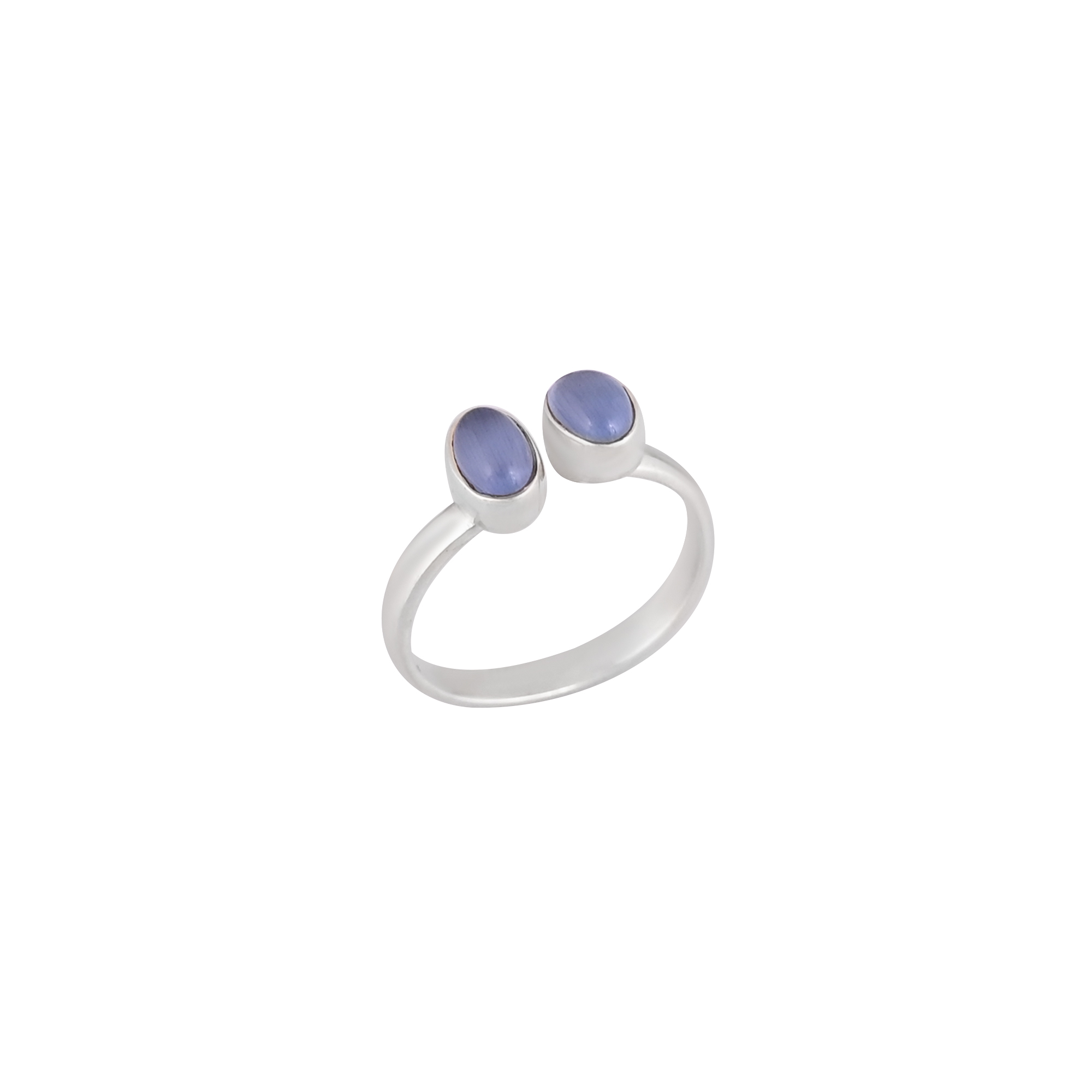 Dual Blue Cats Eye Adjustable Silver Ring  925 Sterling Silver
