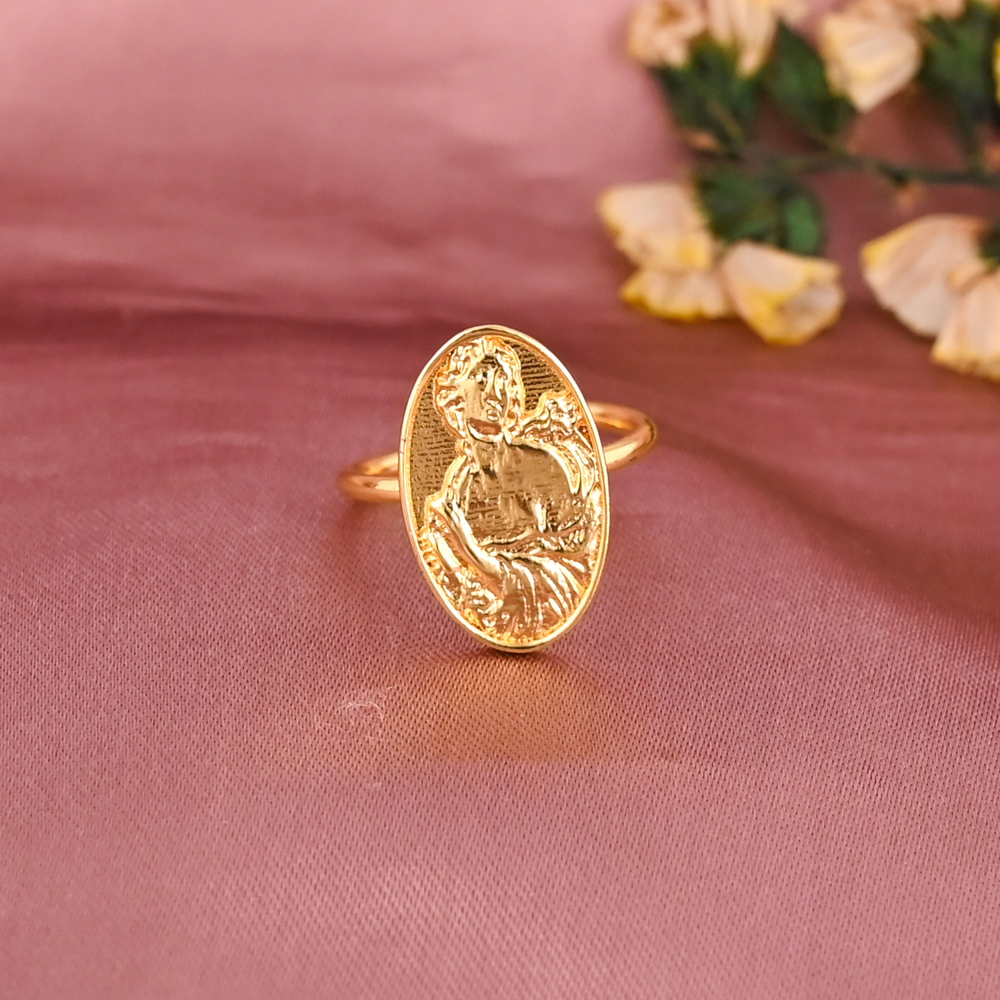 Vintage Roman Goddess Portrait Gold Plated Brass Adjustable Statement Ring for Women Wholesale Lot 25 Pieces