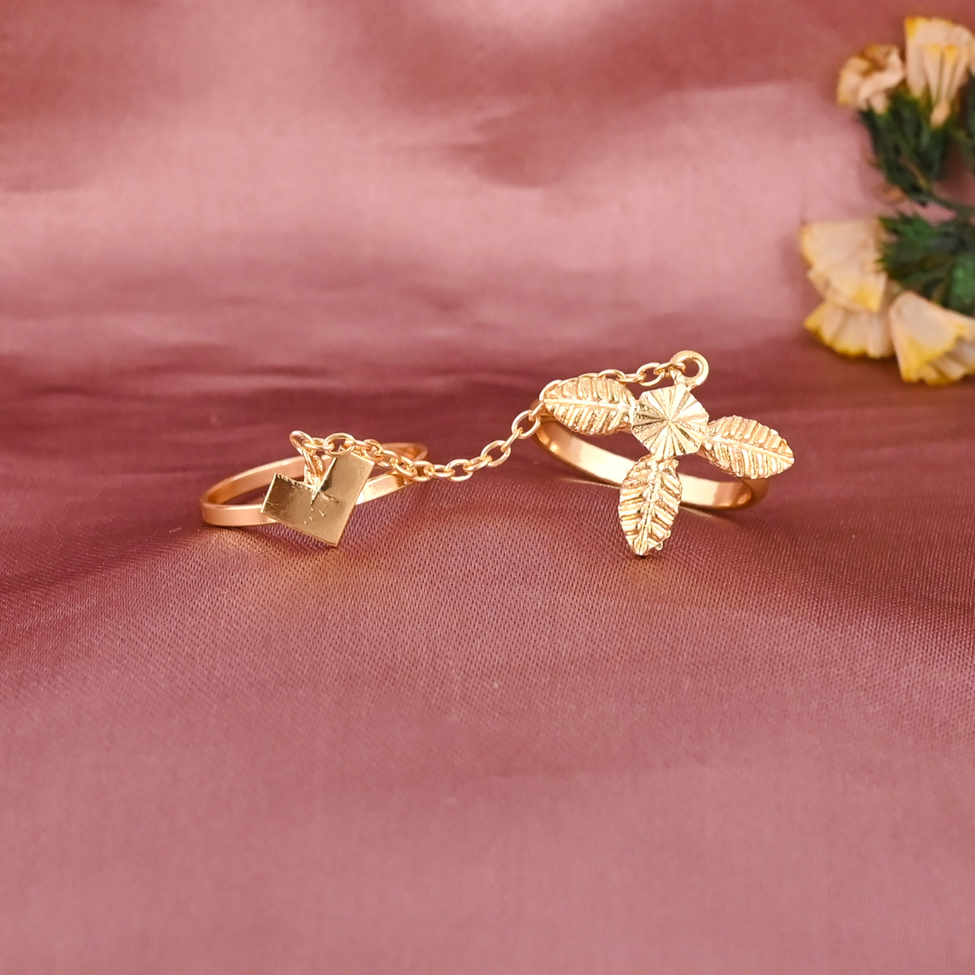 Gold Plated Brass Leaf Chain Connected Double Ring for Women Wholesale Lot 25 Pieces