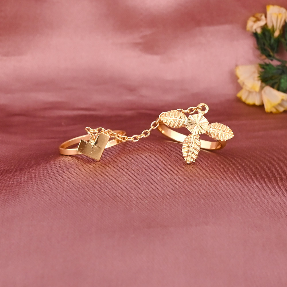 Image of Gold Plated Brass Leaf Chain Connected Double Ring for Women Wholesale Lot 25 Pieces