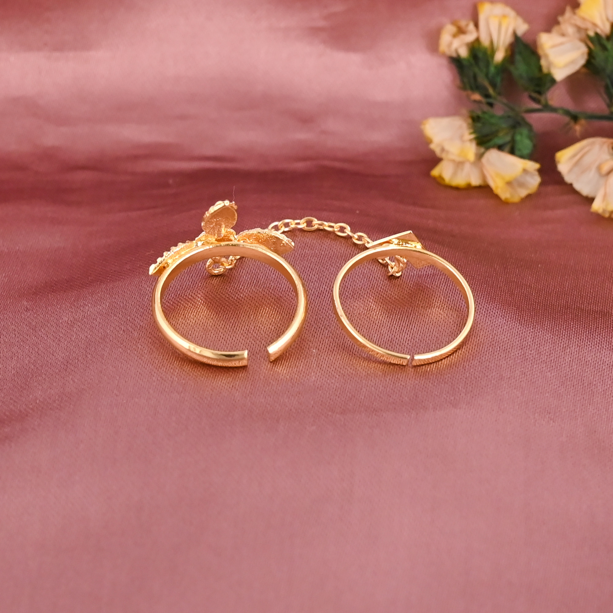 Gold Plated Brass Leaf Chain Connected Double Ring for Women Wholesale Lot 25 Pieces