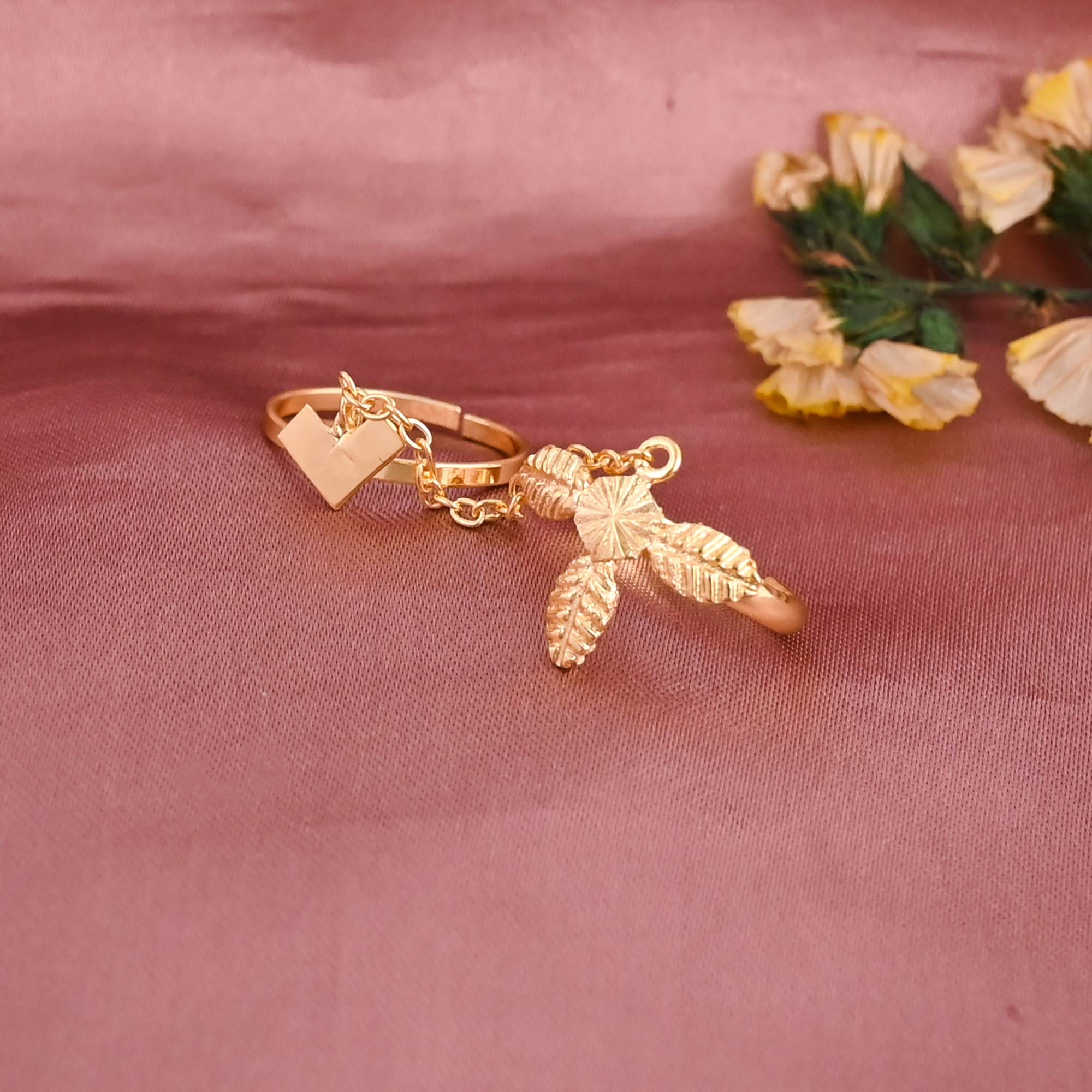 Gold Plated Brass Leaf Chain Connected Double Ring for Women Wholesale Lot 25 Pieces