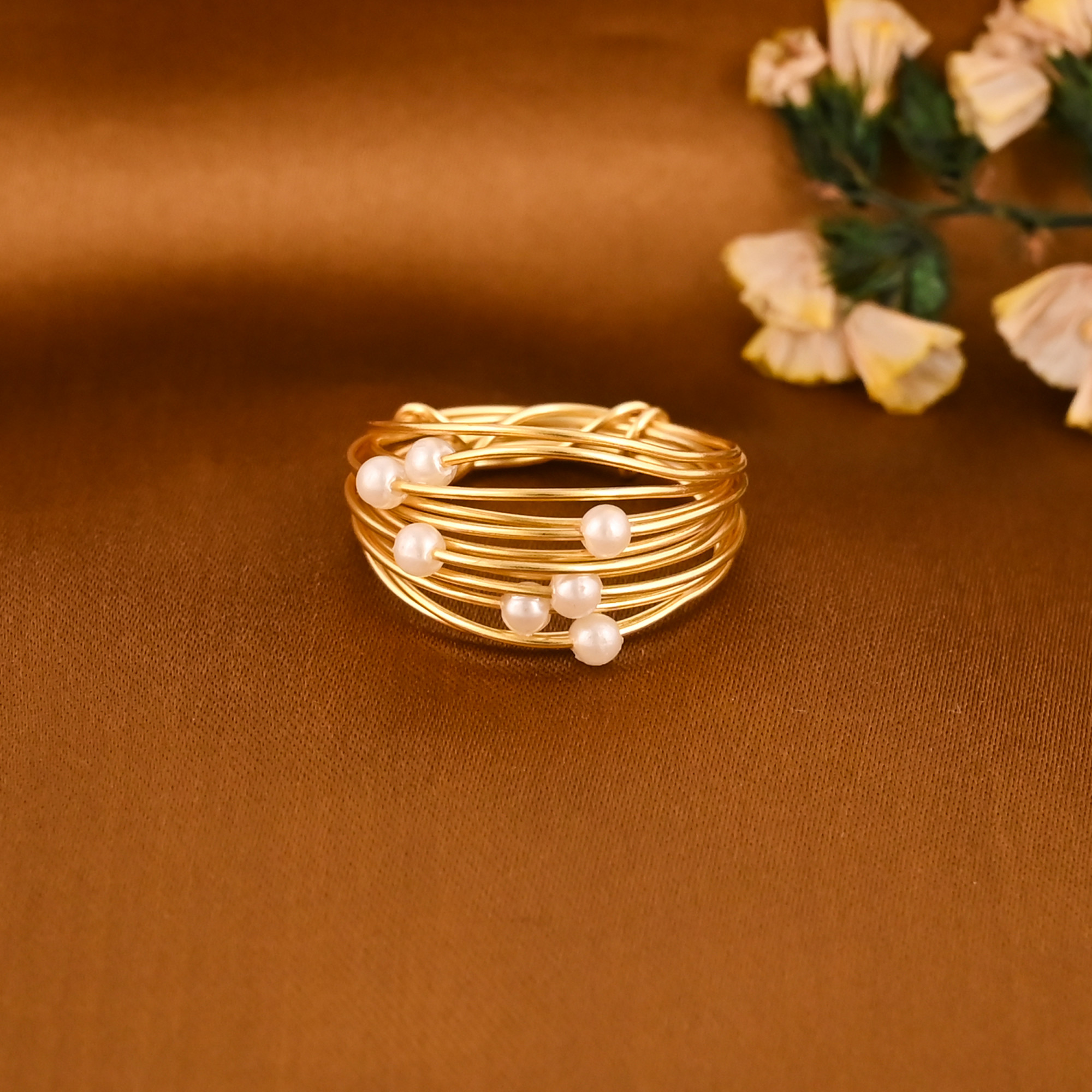 Stylish Wrapped Wire With Pearl Gold Plated Brass Ring for Women Wholesale Lot 25 Pieces