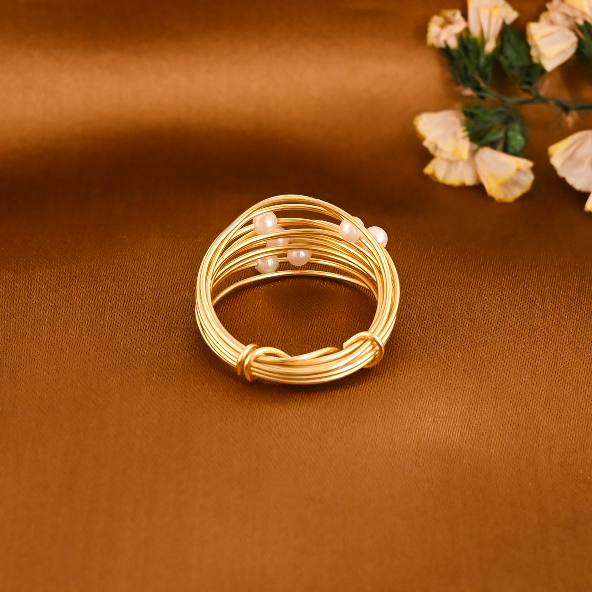 Stylish Wrapped Wire With Pearl Gold Plated Brass Ring for Women Wholesale Lot 25 Pieces