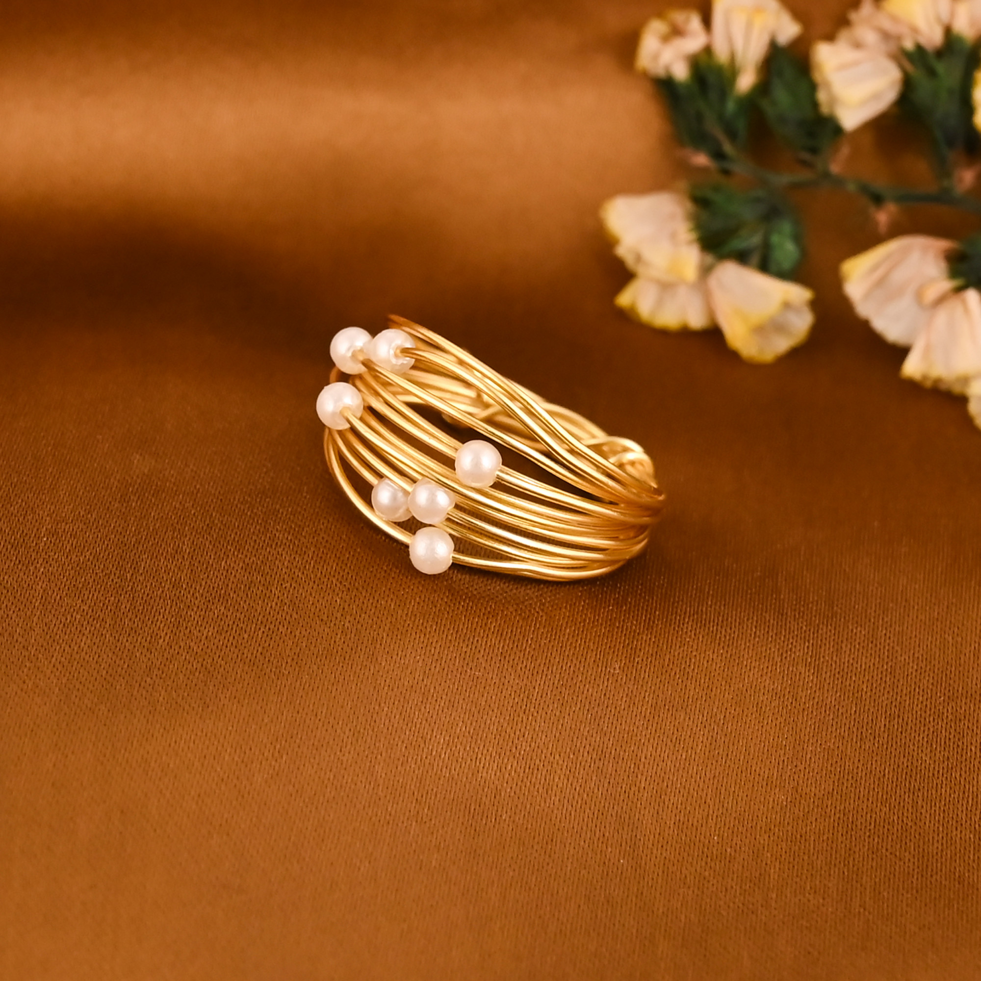 Stylish Wrapped Wire With Pearl Gold Plated Brass Ring for Women Wholesale Lot 25 Pieces