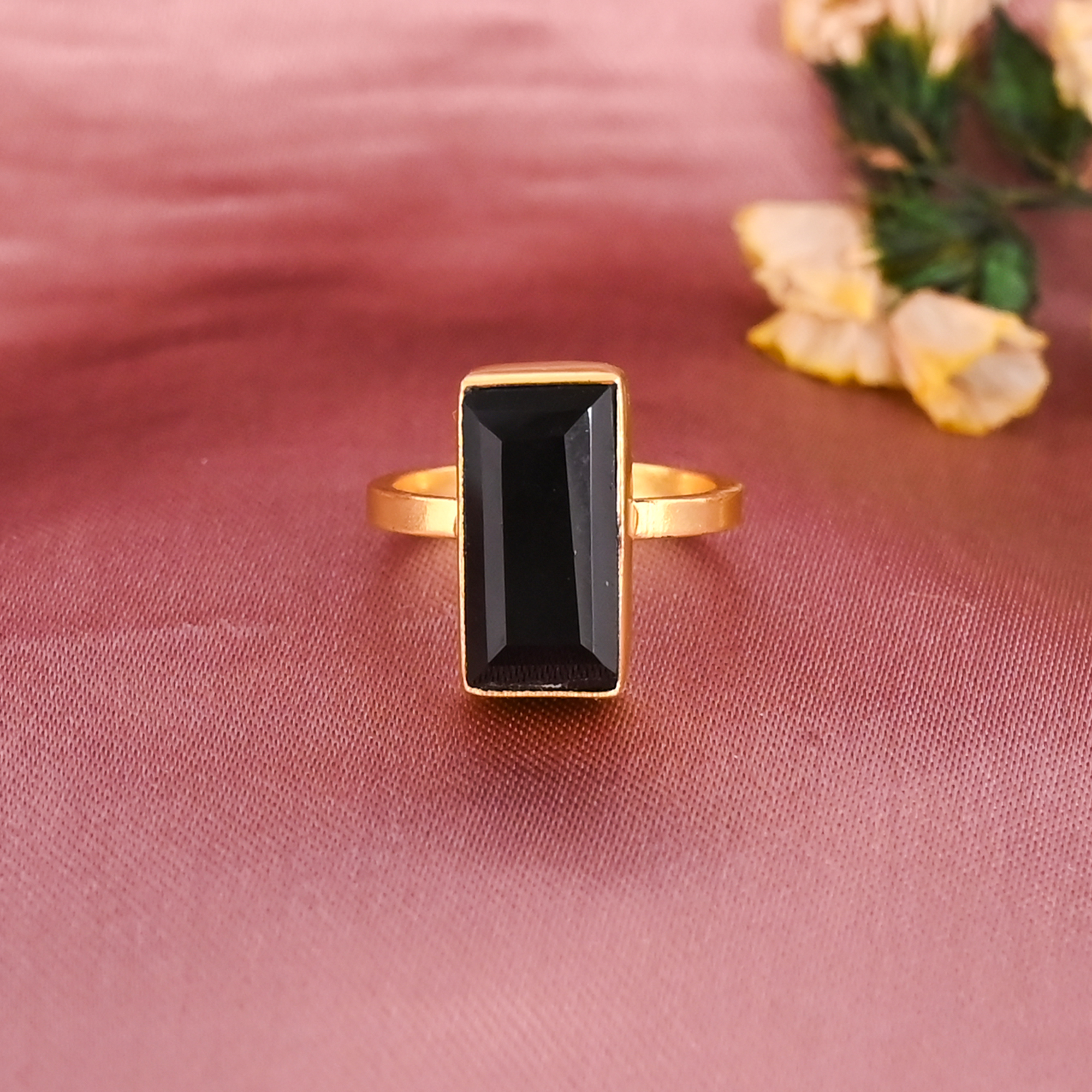 Elegant Natural Black Onyx Gemstone Gold Plated Adjustable Brass Ring for Women