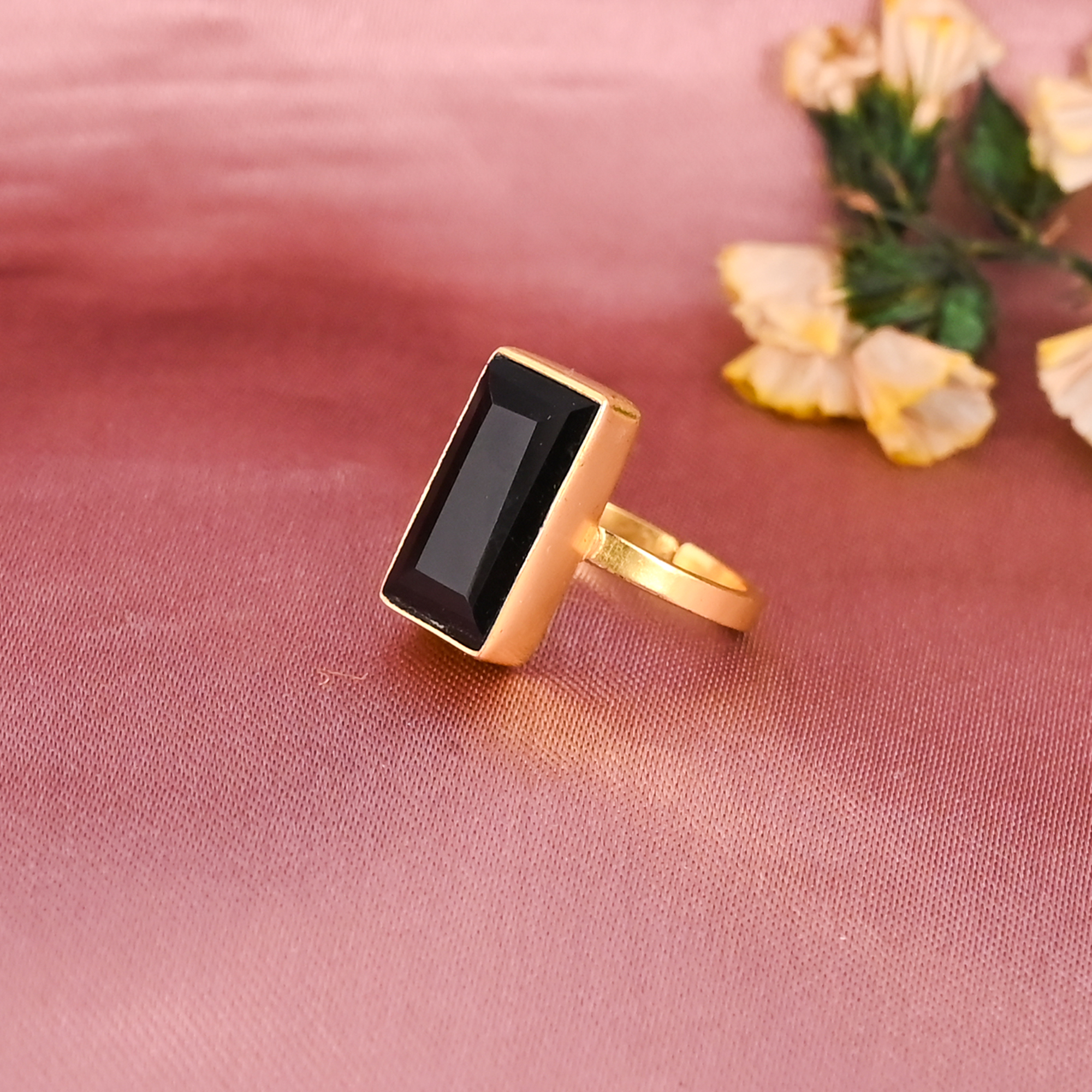 Elegant Natural Black Onyx Gemstone Gold Plated Adjustable Brass Ring for Women